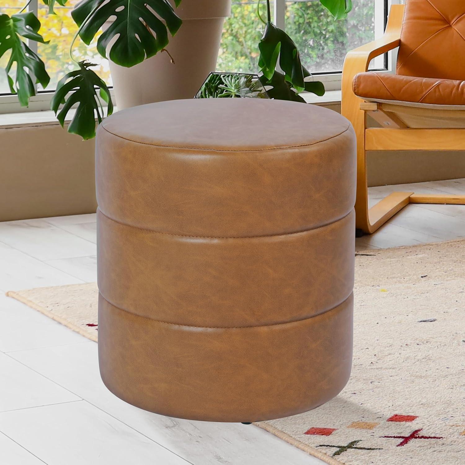 Round Upholstered Ottoman Caramel Faux Leather - HomePop: Channel Tufted, No Assembly Required