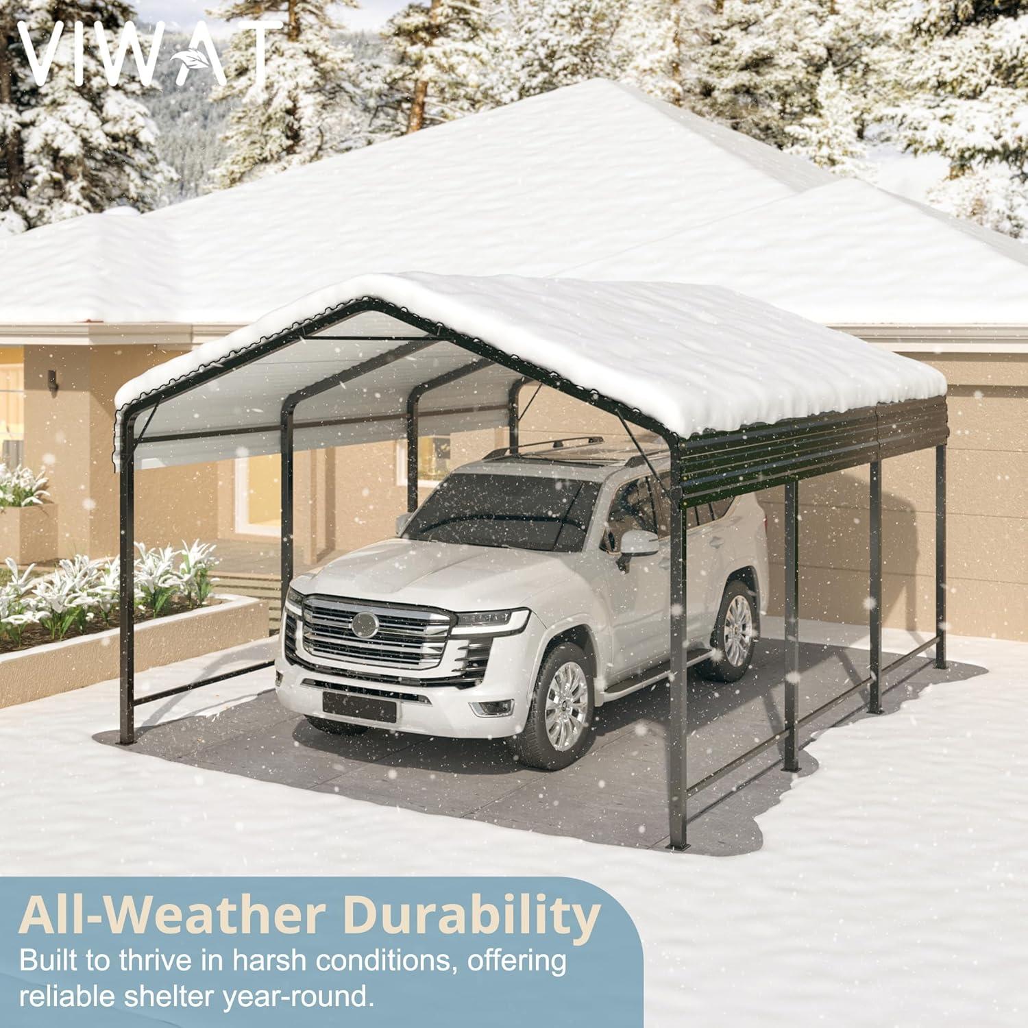 Black 10x15 FT Metal Carport with Peak Roof