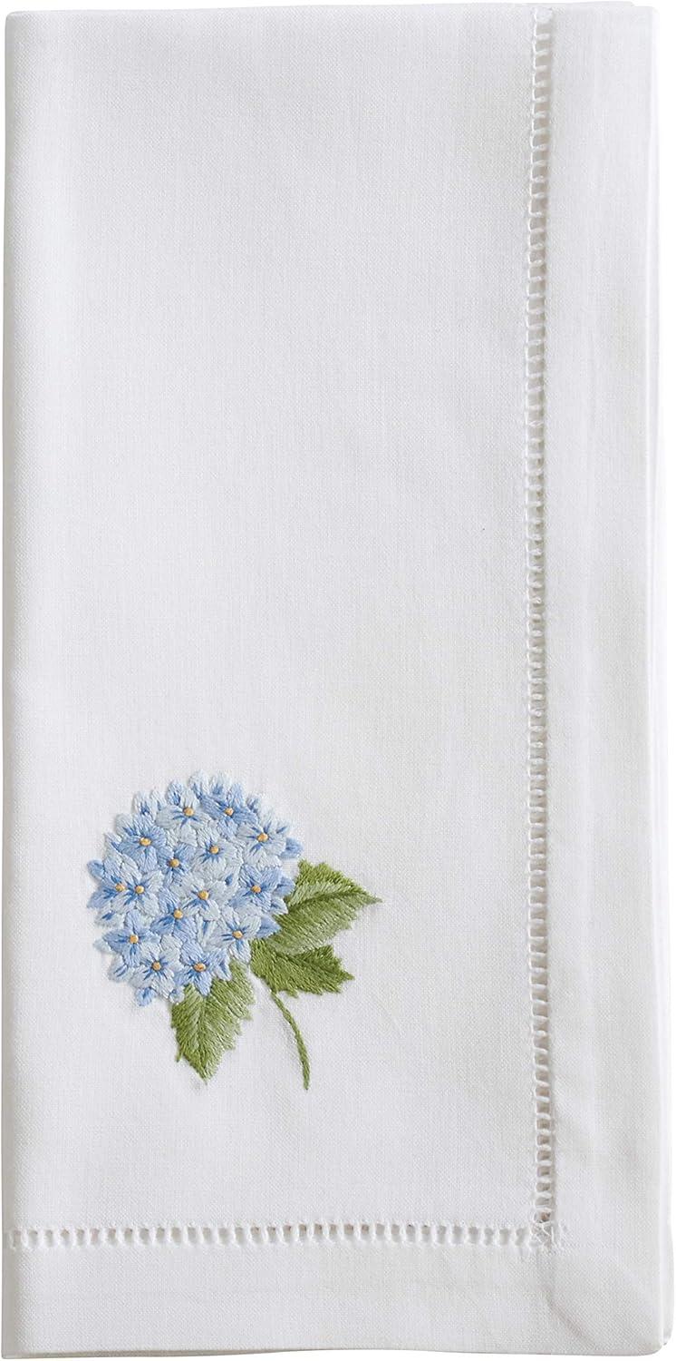 White Cotton Napkins with Blue Hydrangea Embroidery, Set of 6