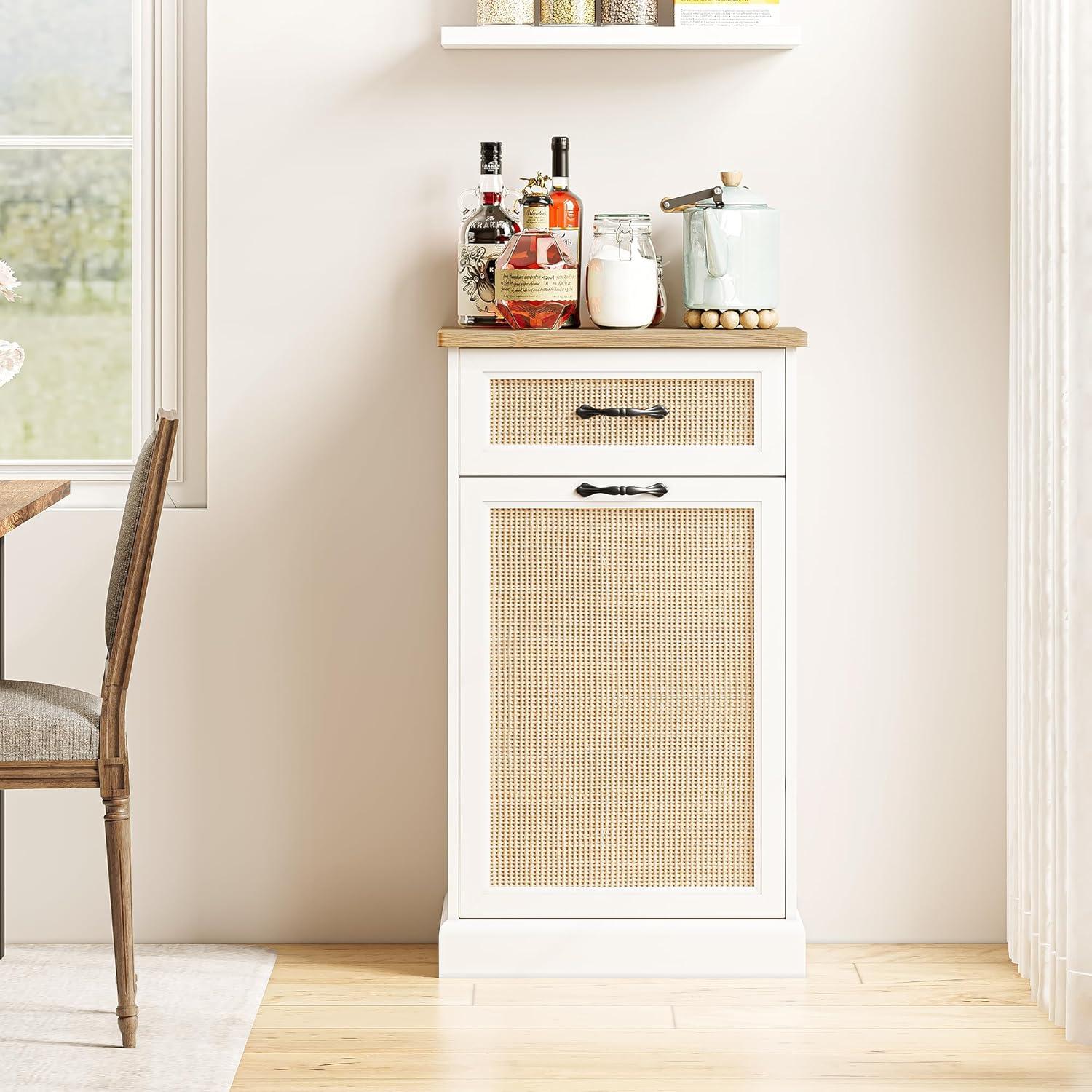 White Engineered Wood Pull-Out Kitchen Trash Cabinet with Rattan Front