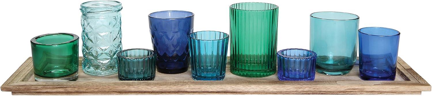 Creative Co-Op Wood Tray with 9 Blue & Green Glass Votive Holders (Set of 10 Pieces)