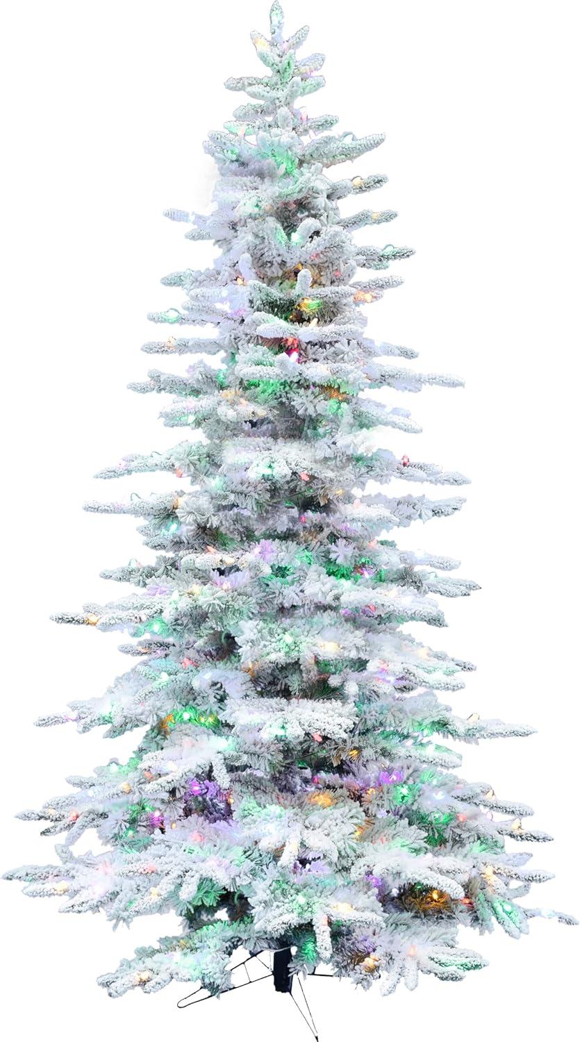 6.5-Ft Flocked Pine Valley Christmas Tree with Multicolor LED Lights