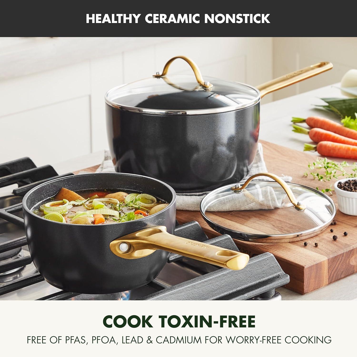 GreenPan GreenPan Reserve Black Healthy Ceramic Nonstick Saucepan Set with Lids, 1.5qt and 3qt