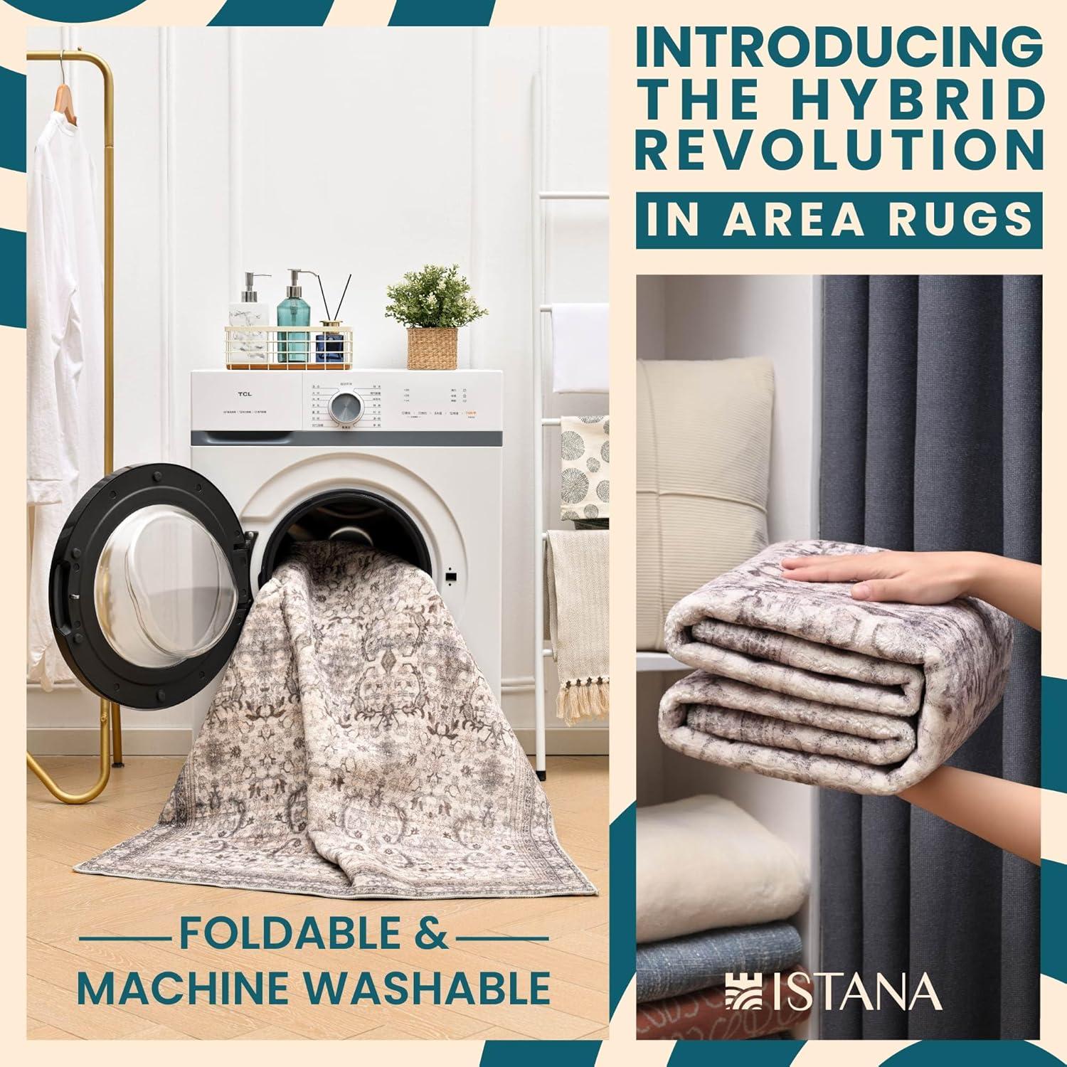 Istana Beige Area Rug 8x10, Machine Washable, Stain Resistant, Foldable, Non-Shedding, Farmhouse Rugs for Living Room, Eco-Friendly