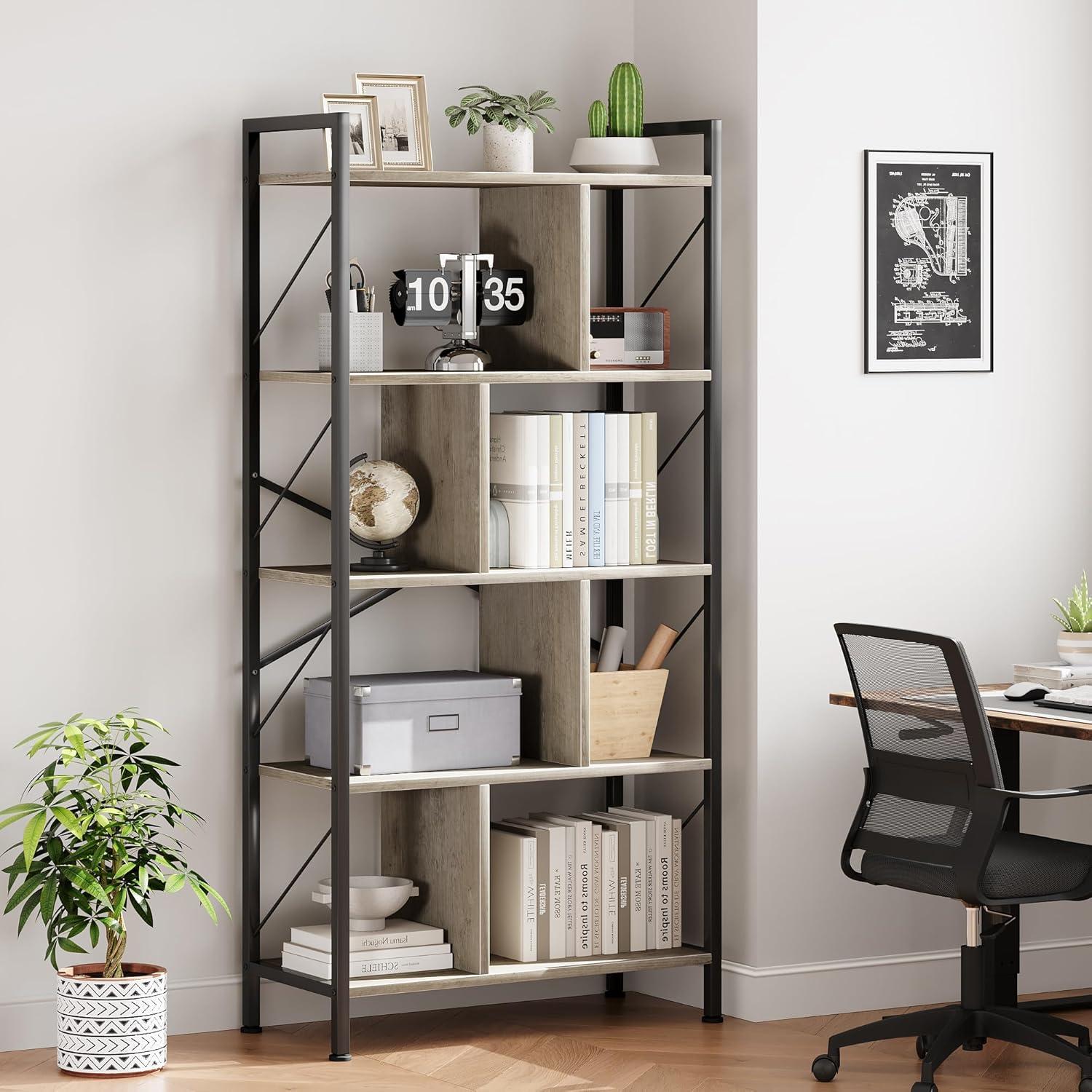 Gray Adjustable 5-Tier Industrial Bookshelf with Metal Frame