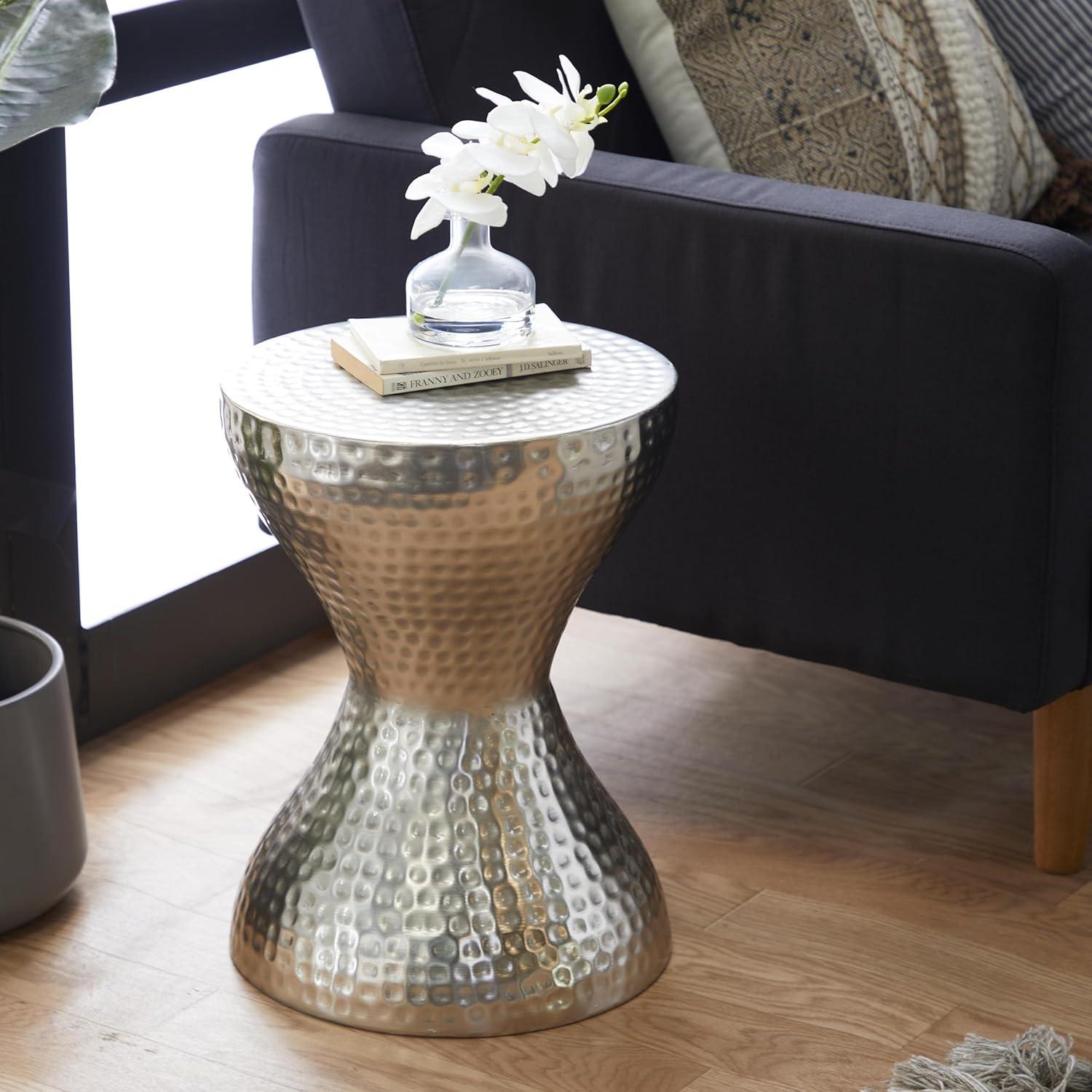 Modern Hourglass Hammered Metal Accent Table Silver - Olivia & May: Industrial Style, Iron Frame, No Assembly Required