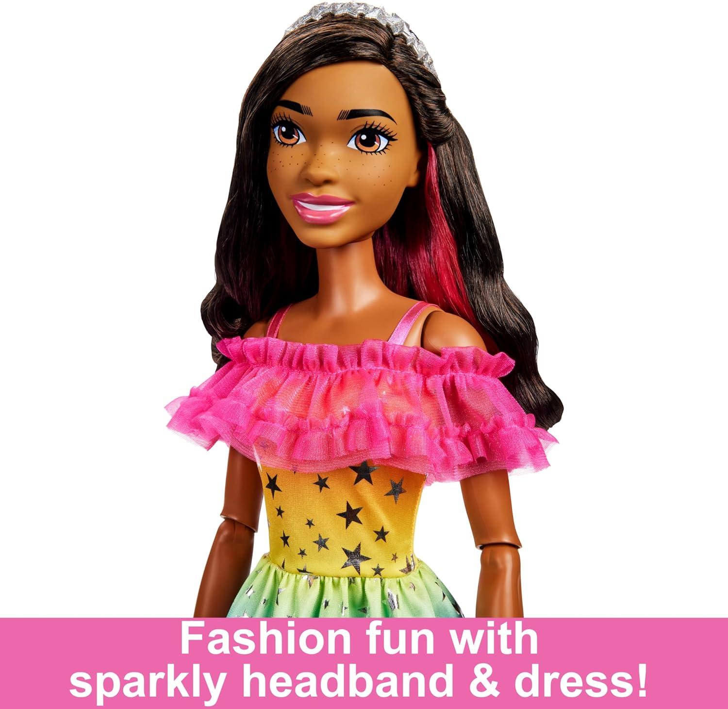 Barbie Large Doll, Dark Brown Hair, 28 Inches Tall with Rainbow Dress & Styling Accessories Like Shooting Star Handbag
