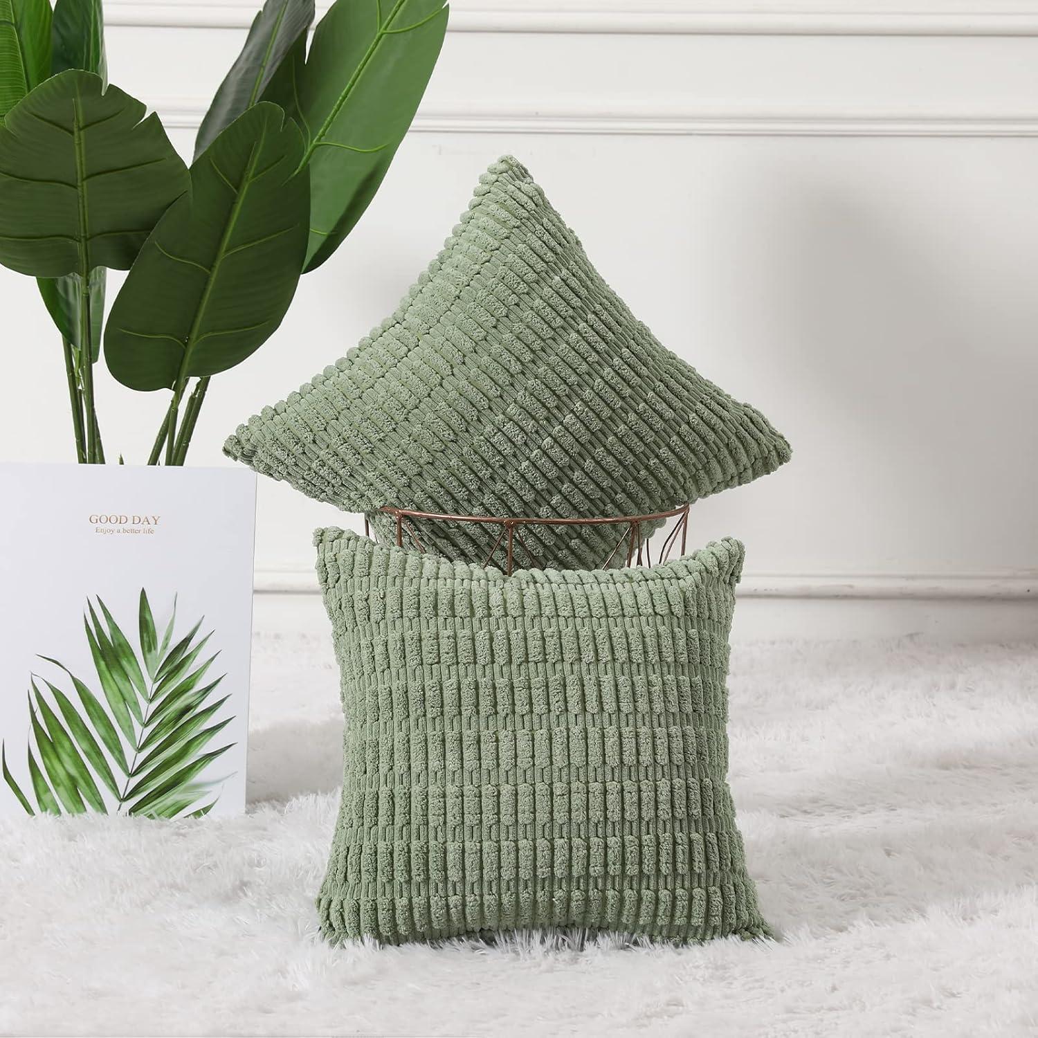 Boho Sage Green Striped Corduroy Pillow Covers - Set of 2 | Farmhouse Rectangle Cushion Cases for Sofa Couch Bed | Soft Decorative Throw Pillowcases - 12x20 Inch Home Decor