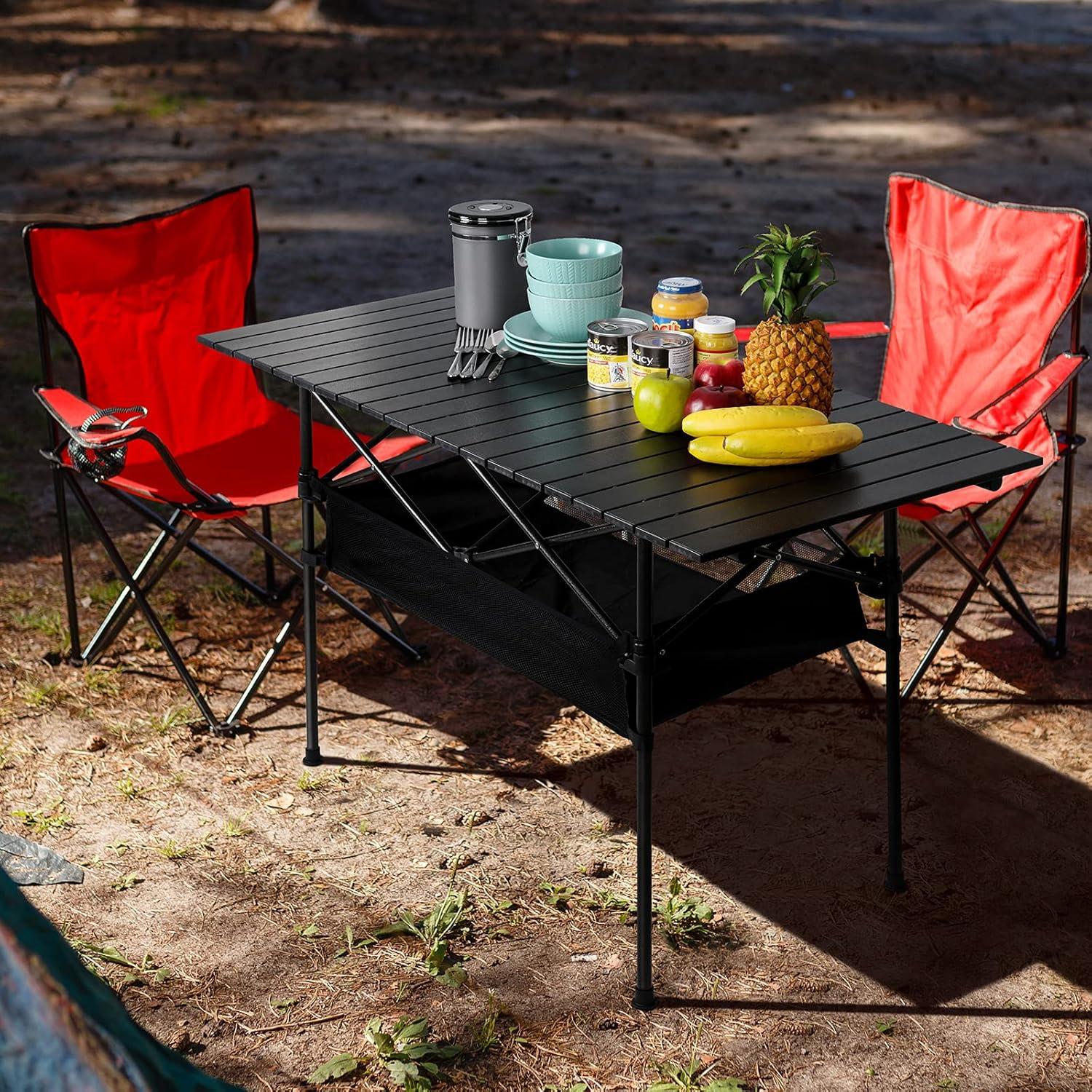 46.5" Black Aluminum Roll-Up Camping Table with Mesh Storage