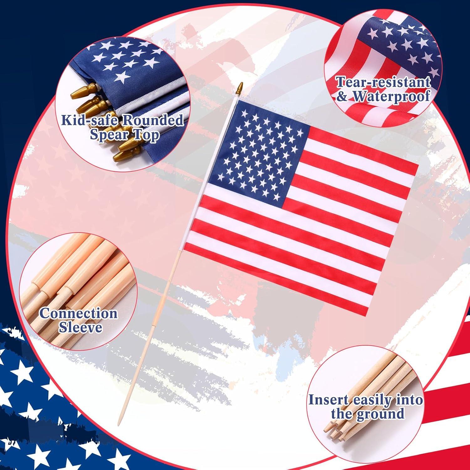 12 Pcs 12x18 Inch American Flags on Stick - Perfect for Memorial Day, 4th of July, Veterans Day Decorations USA Stick Flag with Handheld and Grounded Multi-Purpose Flagpole|Flagsticks USA 12 inch x 18