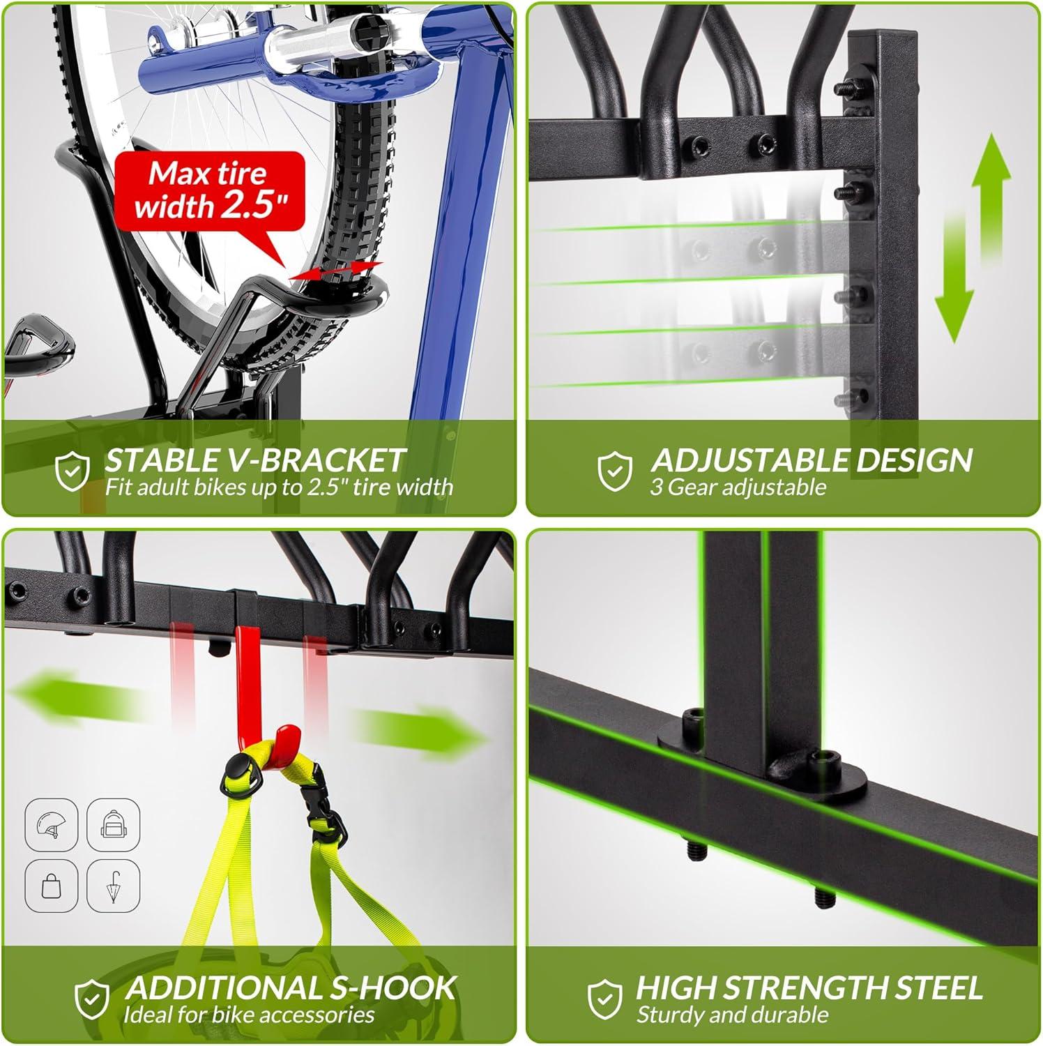 Adjustable Black Steel 3-Bike Freestanding Storage Rack