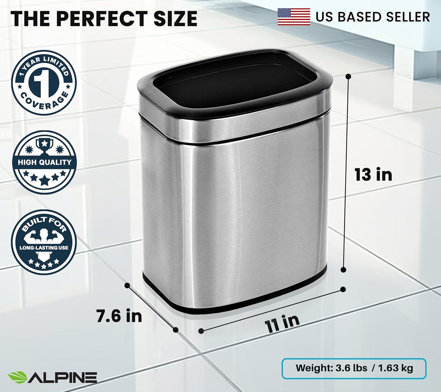 Alpine Industries Stainless Steel Commercial Indoor Trash Can with Liner 2.6 Gallon Open Top