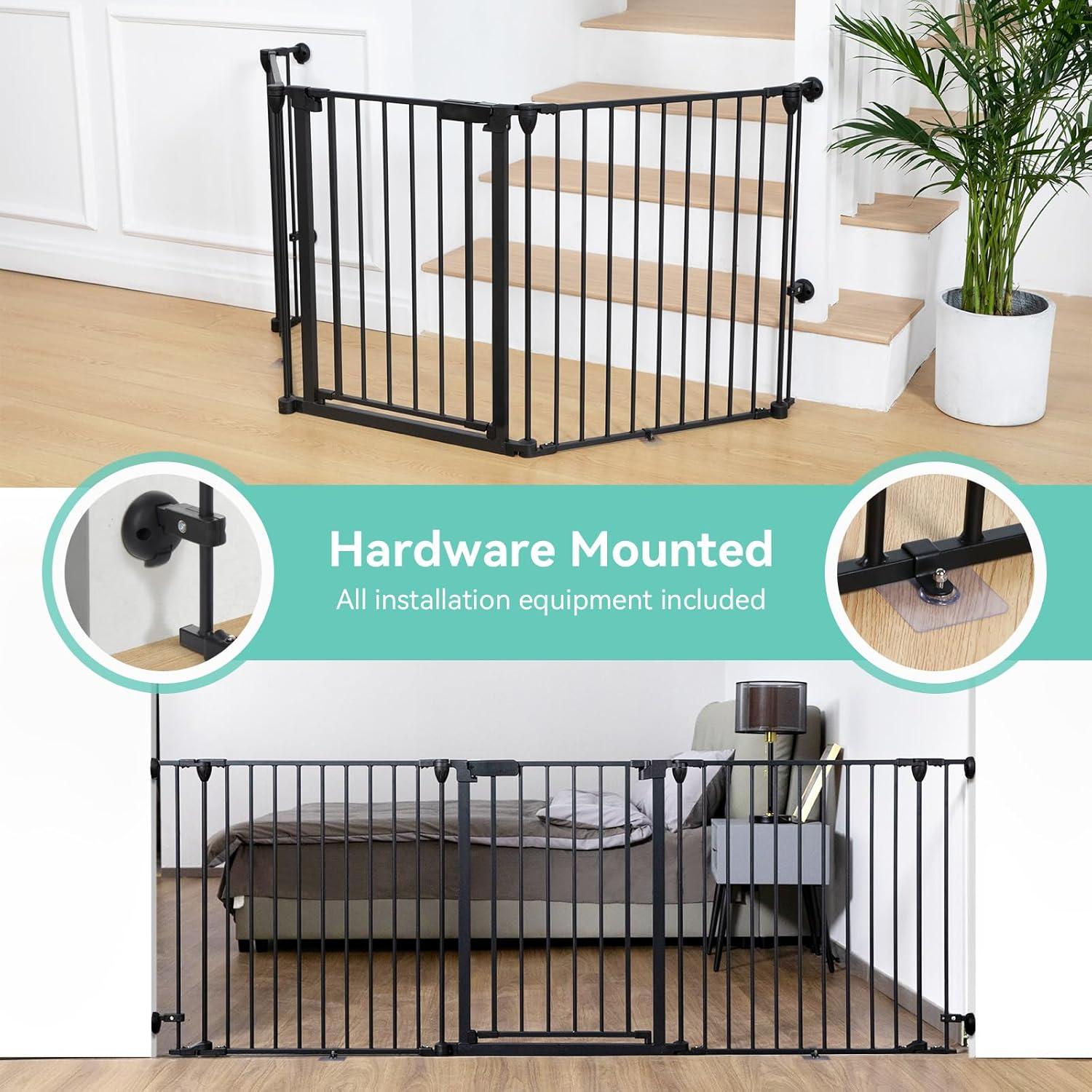 80" Extra Wide Baby Gate, Dog Gate for House Stairs Doorways Fireplace, Auto Close Pet Gate with Door Walk Through, 3 Metal Panels, Hardware Mounted Baby Fence Indoor Outdoor(30" Tall, Black)