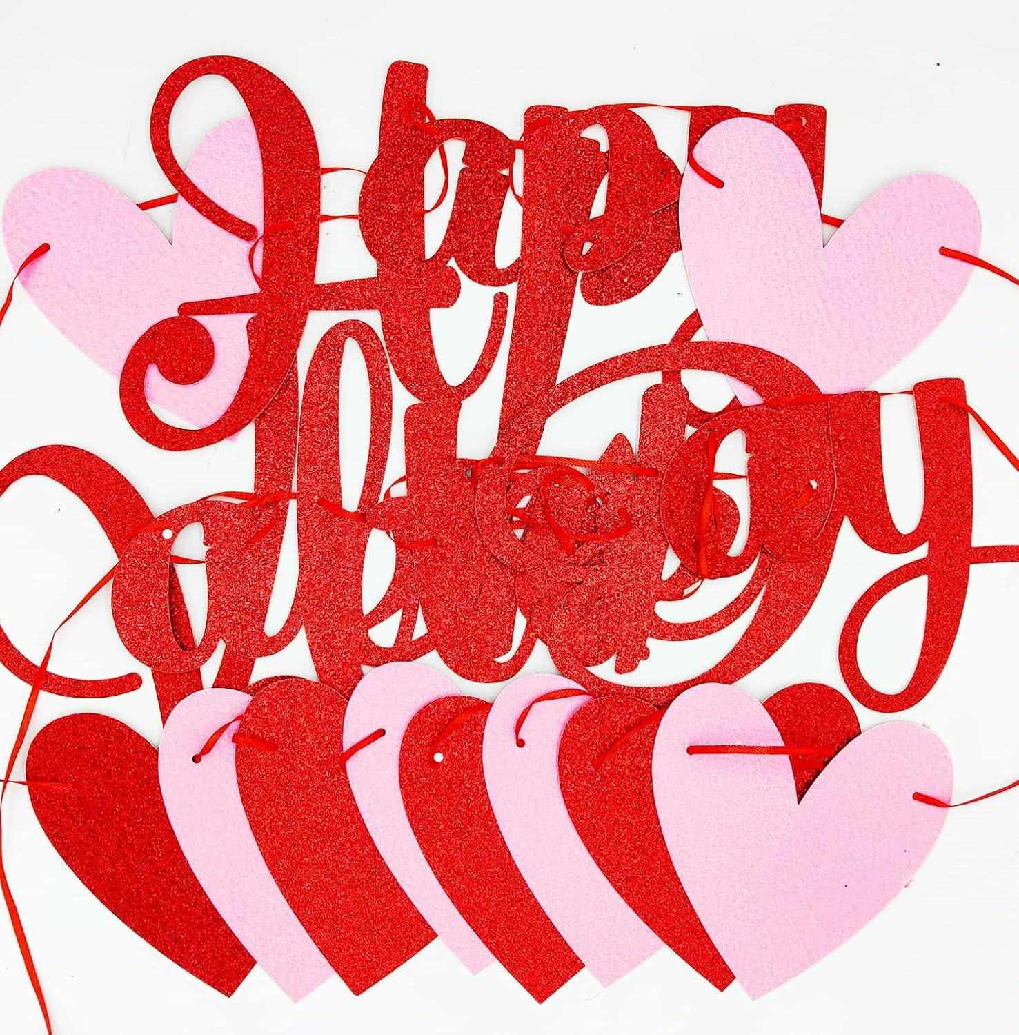 Glittery Heart Valentine's Day Banner, Red & Pink Sparkling Hollow Heart Shape DIY Paper Banner for Wedding Decoration