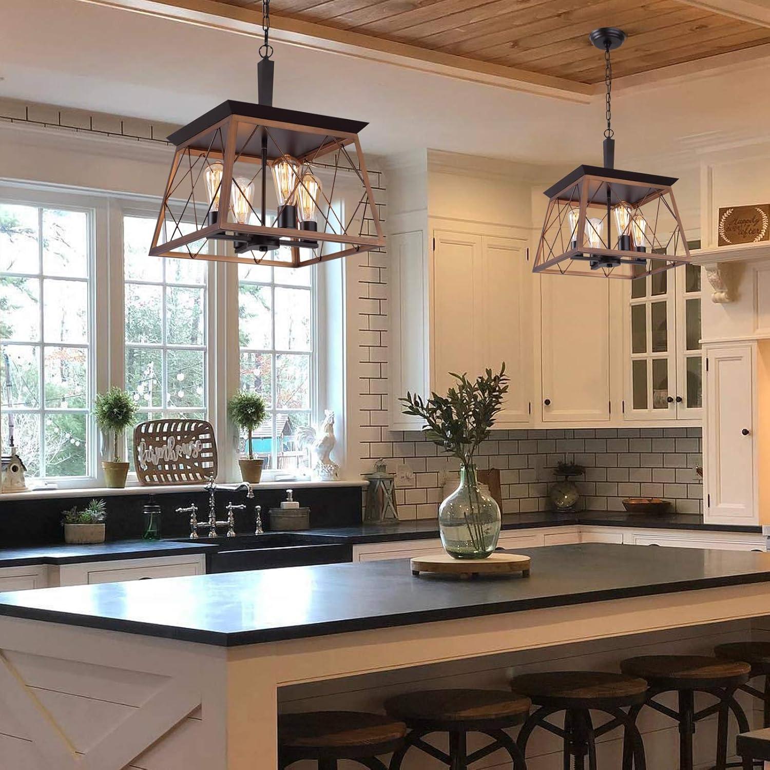 Q&S Farmhouse Rustic Chandeliers Antique Geometric Pendant Light Oil Rubbed Bronze Chandelier Orb 4-Light Industrial Hanging Light Fixtures for Dining Room Kitchen Island Entryway Foyer UL Listed