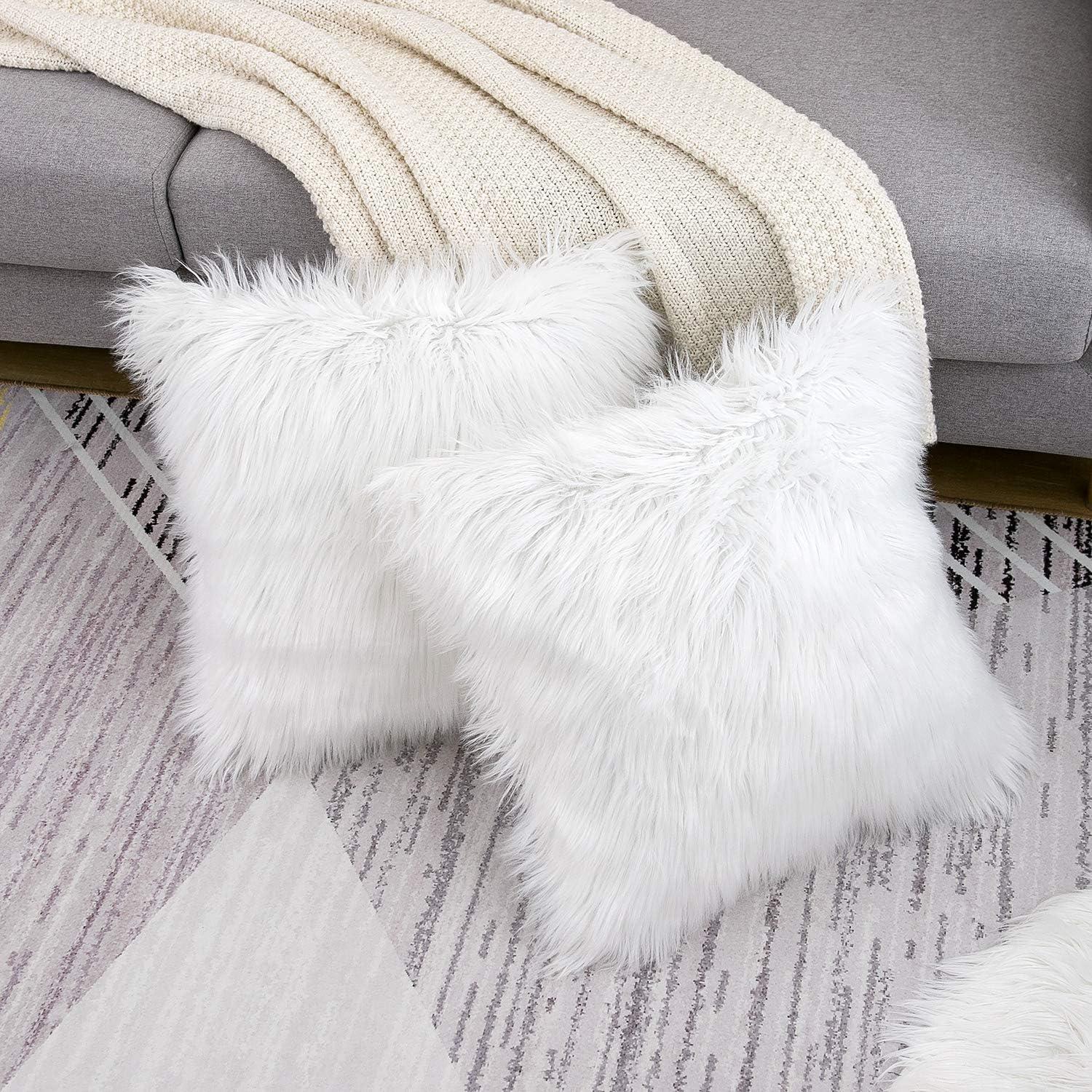 Fluffy White Faux Fur Pillow Covers   Set of 2, Cozy and Soft, 18x18 Inch, Invisible Zipper