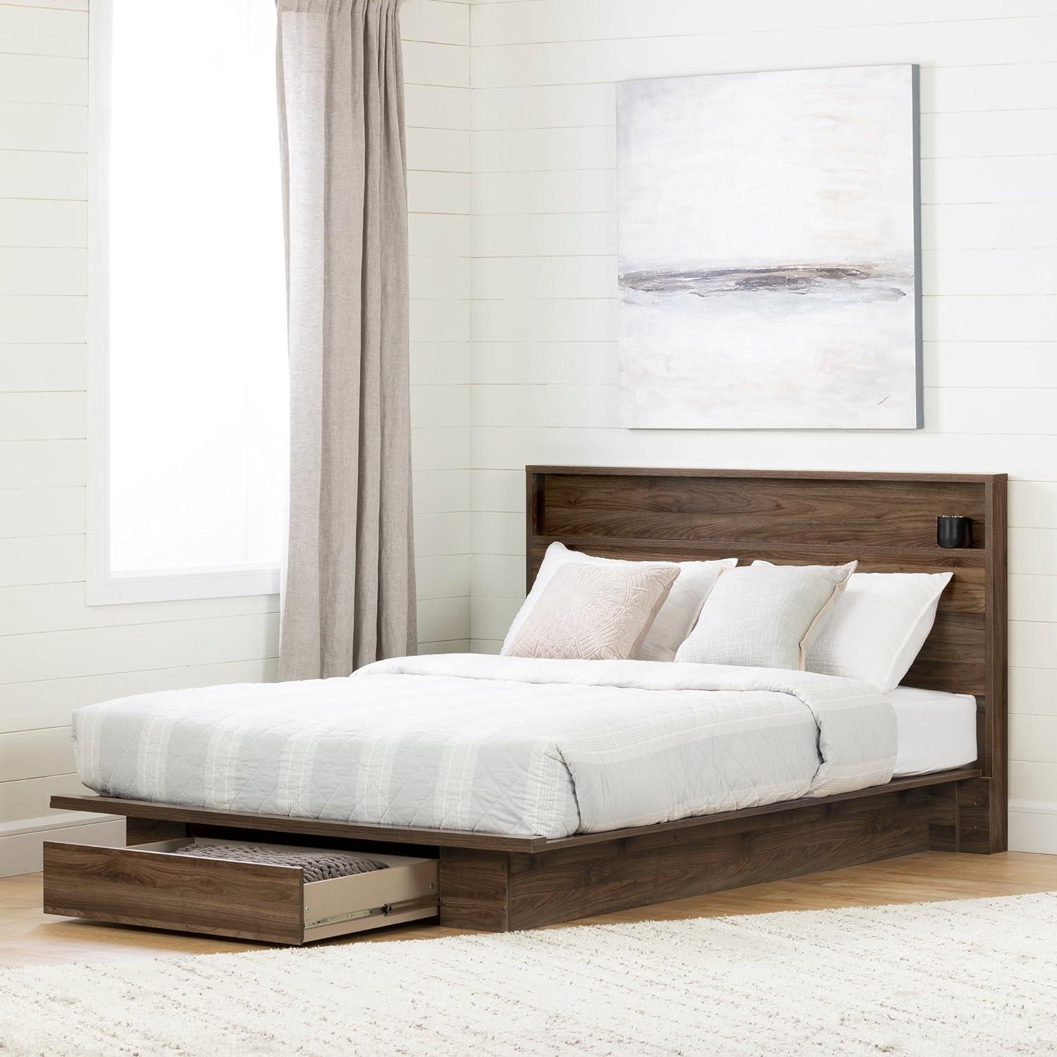 Natural Walnut Queen Platform Bed with Storage Drawer