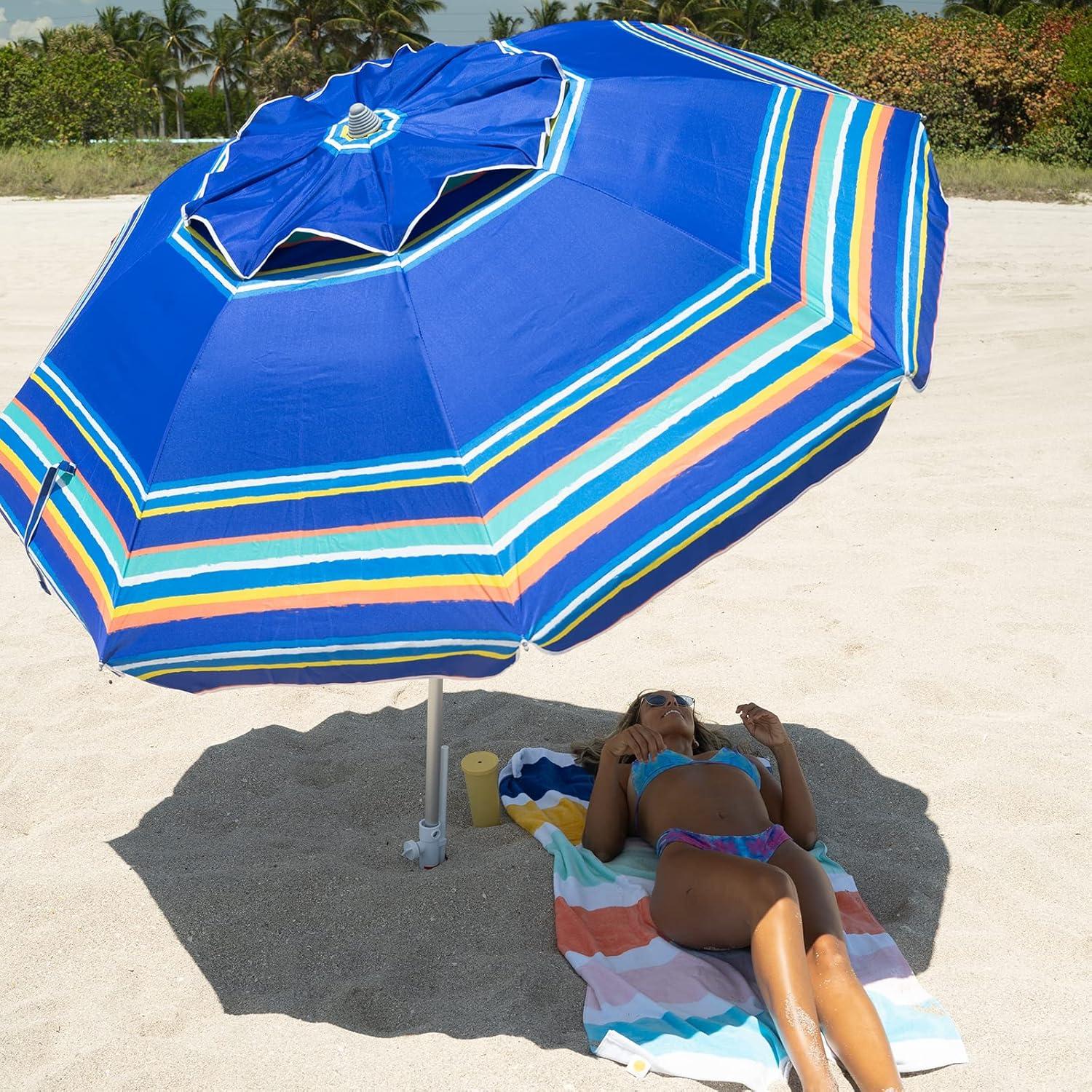 7ft Heavy Duty High Wind Beach Umbrella with Sand Anchor & Tilt Sun Shelter, UV 50+ Protection Outdoor Sunshade Umbrellas and Parasols Carry Bag for Patio Garden Beach Pool Backyard