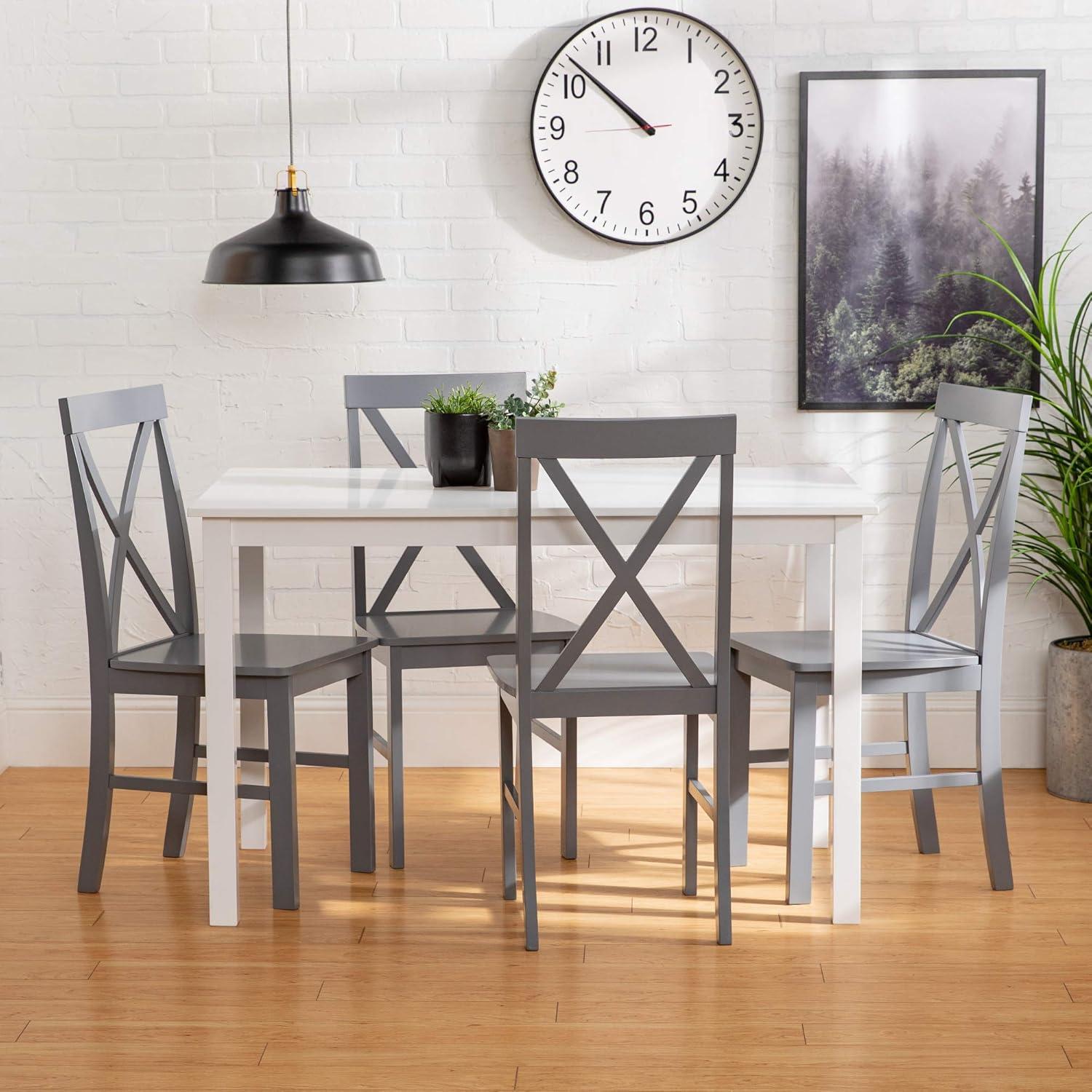 Walker Edison 4 Person Modern Farmhouse Wood Small Dining Table Dining Room Kitchen Table Set Dining 4 X Chairs Set, 48 Inch, White and Grey