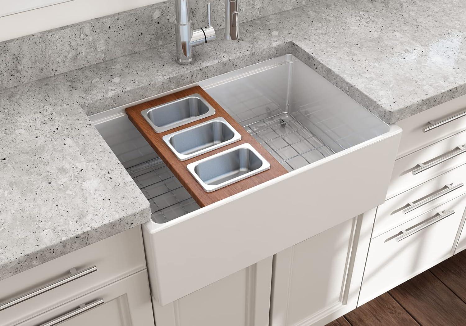 BOCCHI Wood Board With 3 Rectangular Stainless Steel Bowls F/1344, 1348, 1360, 1362, 1504, 1505, 1506 (Short Side Only), 1627, 1628