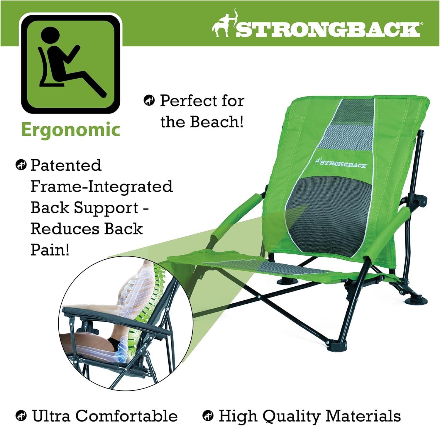 STRONGBACK Low Gravity Beach Chair with Lumbar Back Support, Folding Lime Green