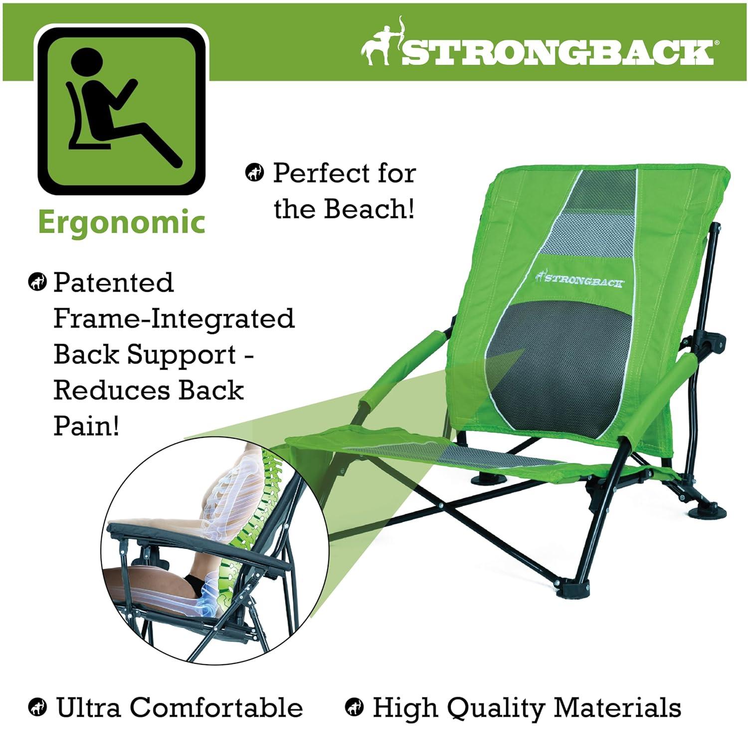 Strongback Low Gravity Beach Chair with Lumbar Back Support, Folding Lime Green