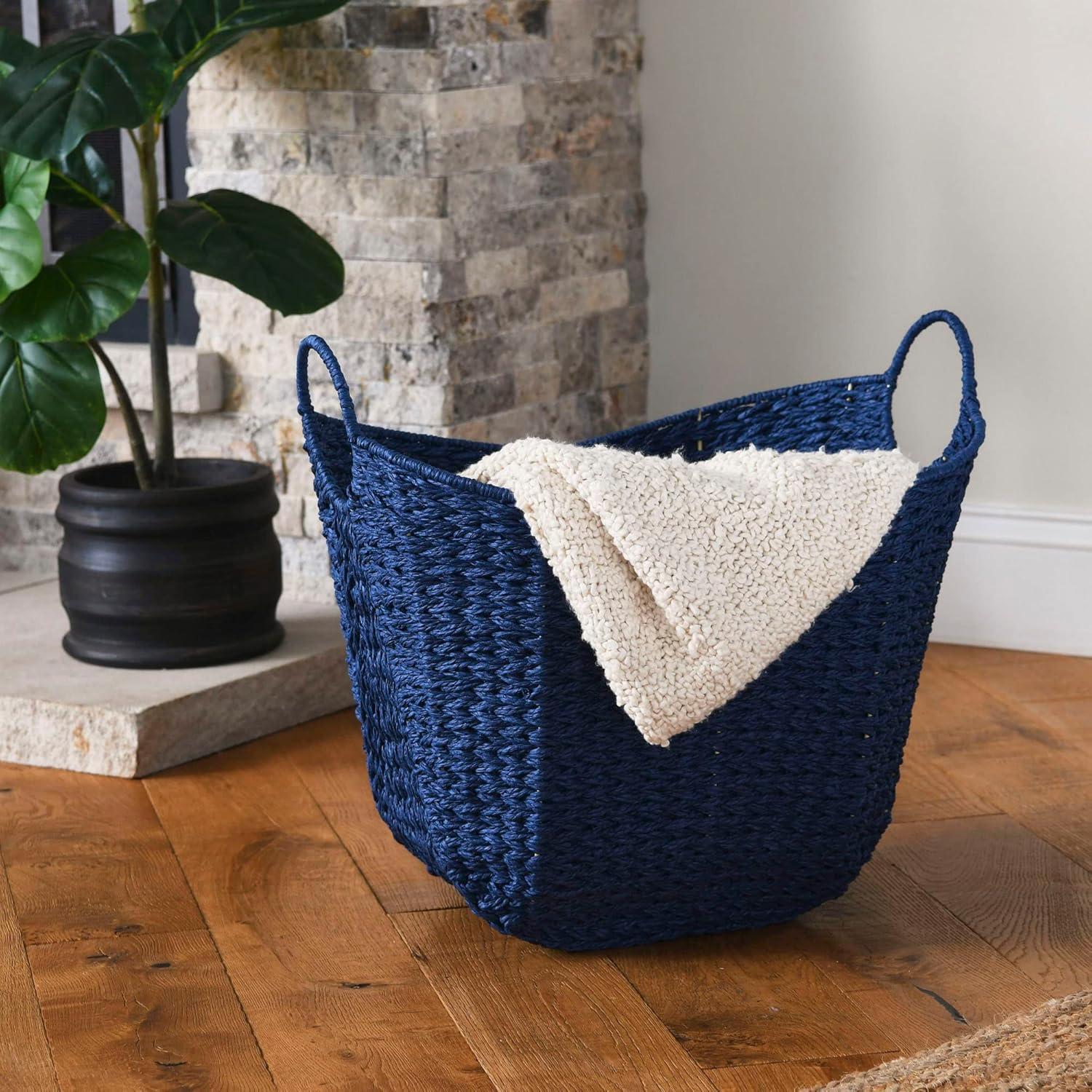 Dark Blue Handwoven Paper Rope Storage Basket with Handles