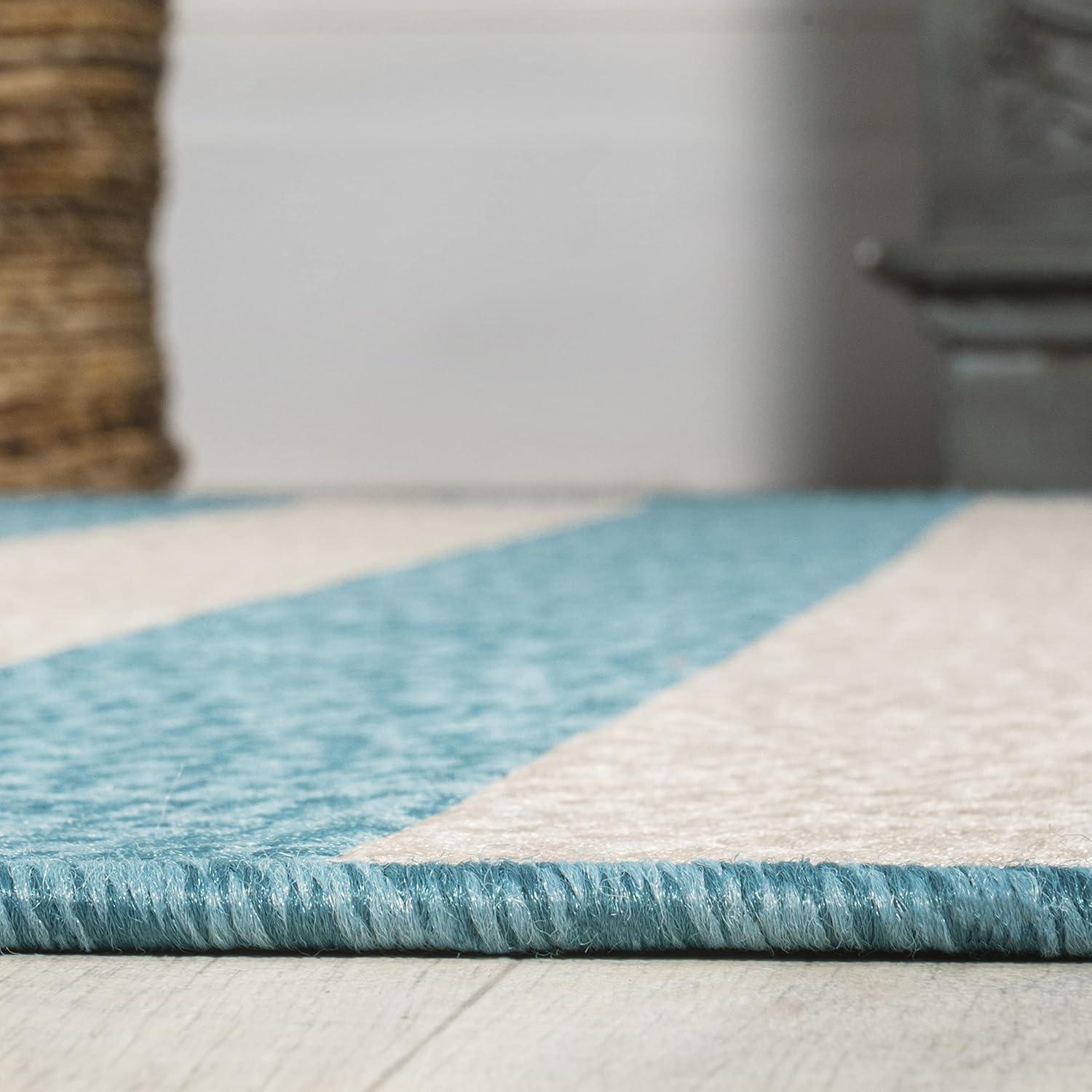 Aqua and Cream Wide Stripe Synthetic Indoor/Outdoor Rug 3x5