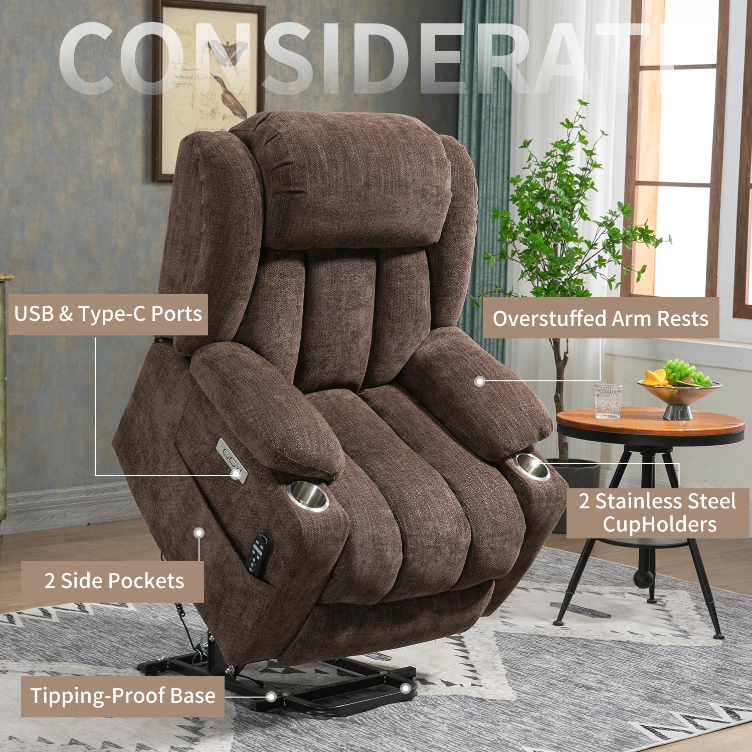 Power Lift Chair with Full-Body Massage and Heat, Electric Recliner Chairs for Adults, Remote Control, Standing Assistance, USB Ports, Stainless Steel Cup Holders, Chenille Brown