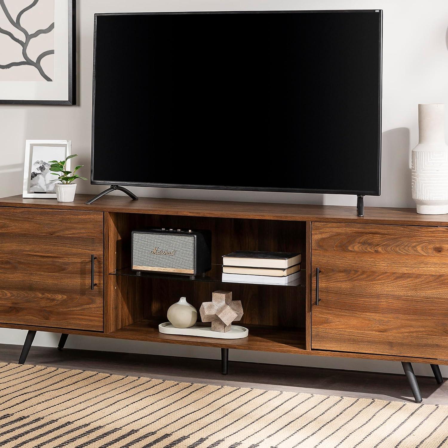 70" Dark Walnut Mid-Century Modern TV Stand with Cabinet