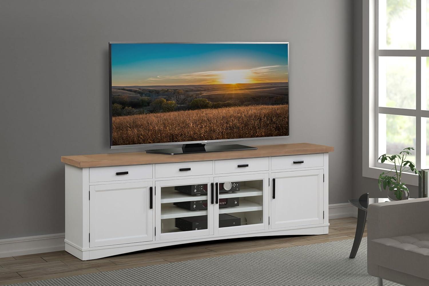 White and Beige 92" Transitional Wood TV Console