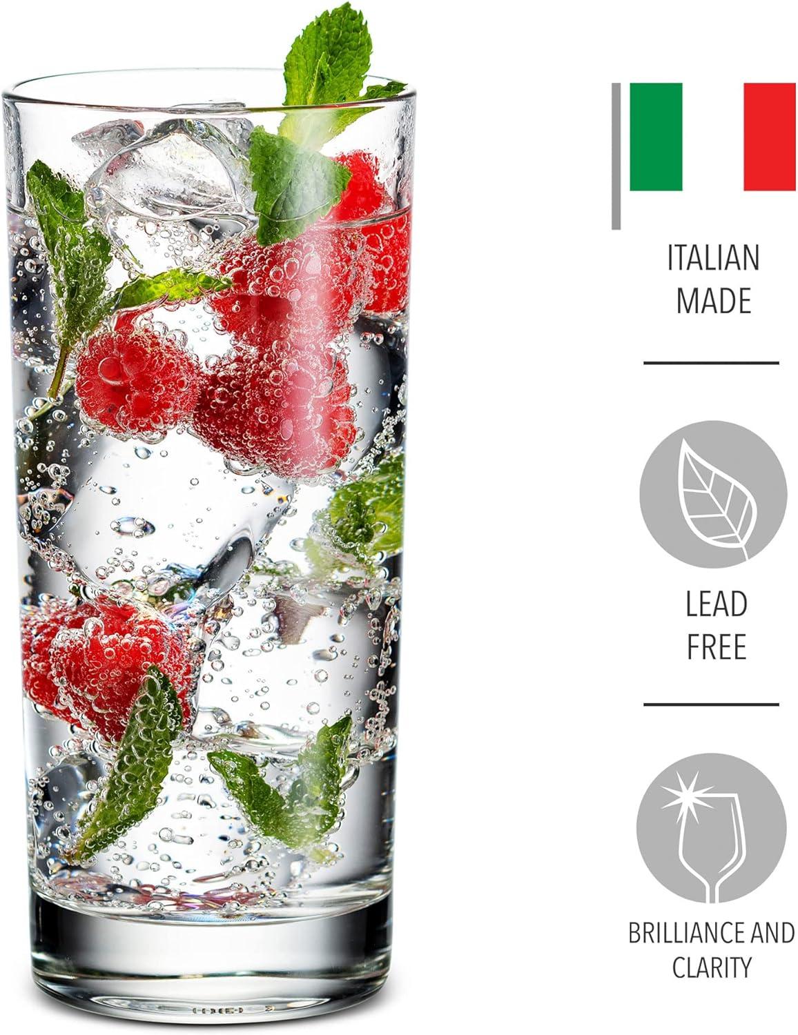 Italian Made Clear Glass Highball Drinking Set, 14oz, Set of 4