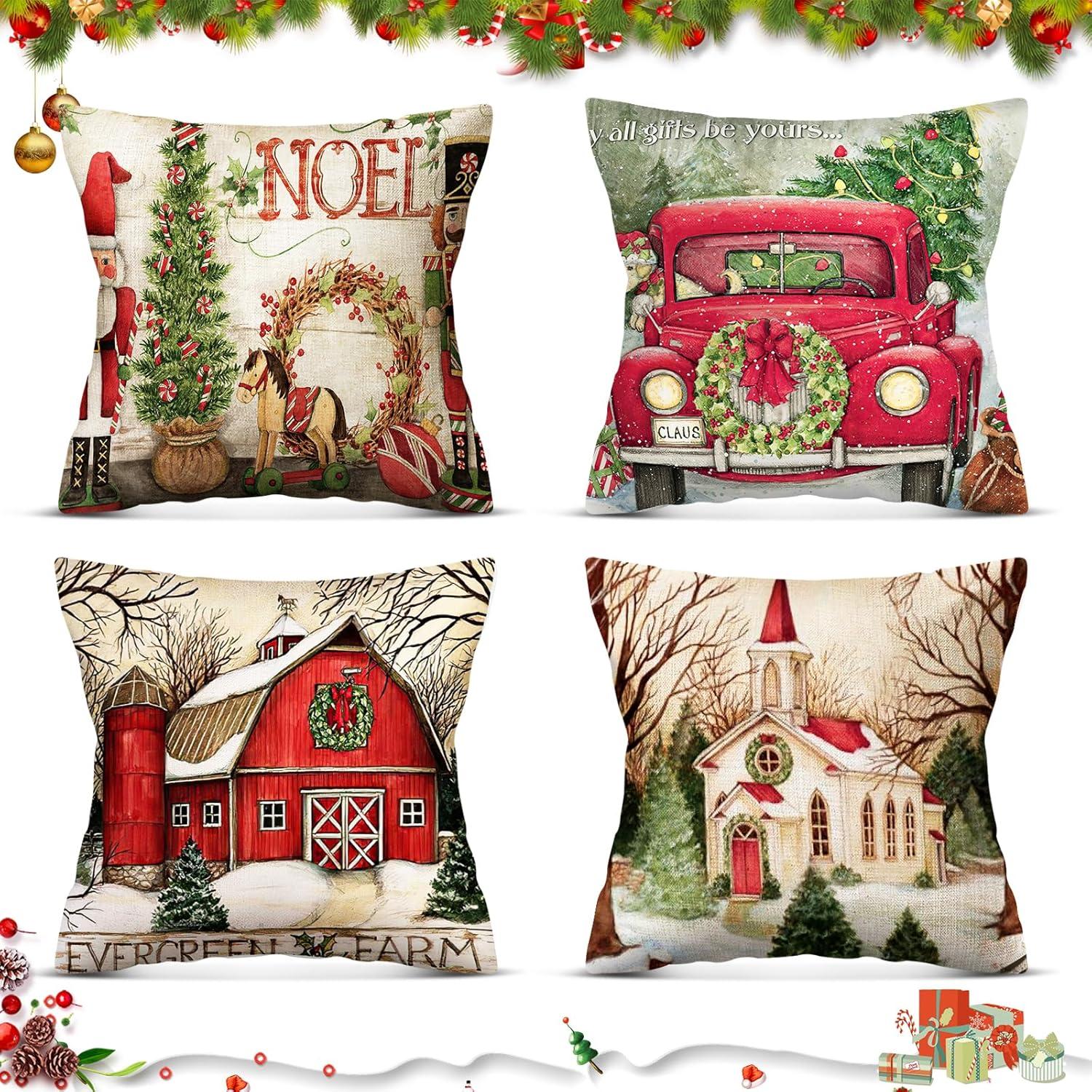 4 Pack Christmas Red Throw Pillow Covers, Linen Home Christmas Decorations, Christmas Pillows Cushion Cover Sofa Couch Pillowcases, Xmas Series Cushion Pillow Cover Zippered Pillowcase (christmas-31)