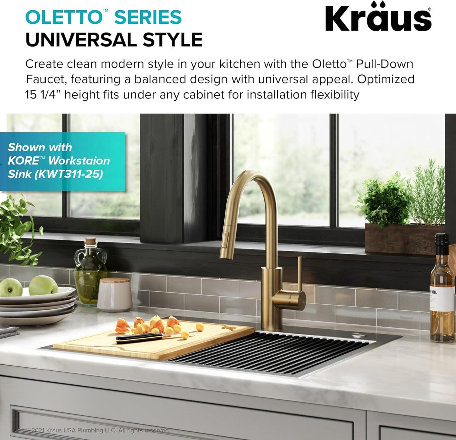 KRAUS Oletto Single Handle Pull Down Kitchen Faucet with QuickDock Top Mount Installation Assembly