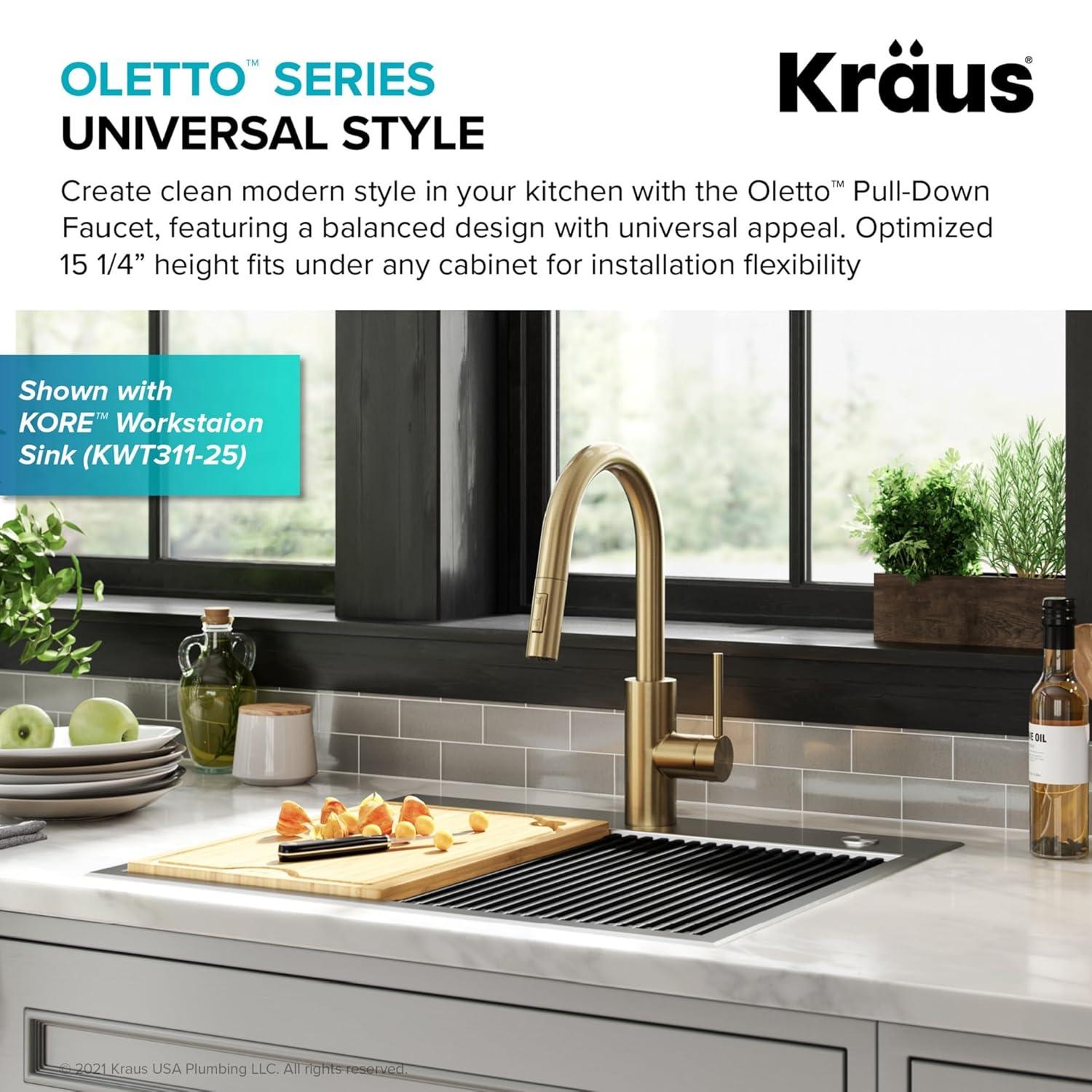 KRAUS Oletto Single Handle Pull Down Kitchen Faucet with QuickDock Top Mount Installation Assembly