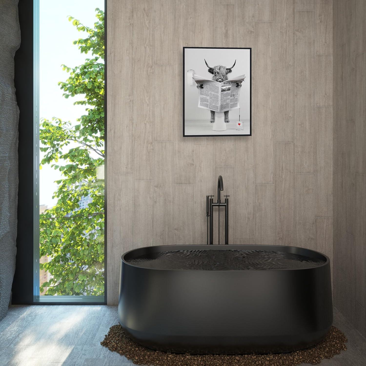 Modern Black Framed Highland Cow Wall Art Minimalist Bathroom Wall Decor Cute Funny Animals Artwork Canvas Prints Ready to Hang for Guest Bathroom, Hotel, Condo, Kids Bathroom, 12”x16”