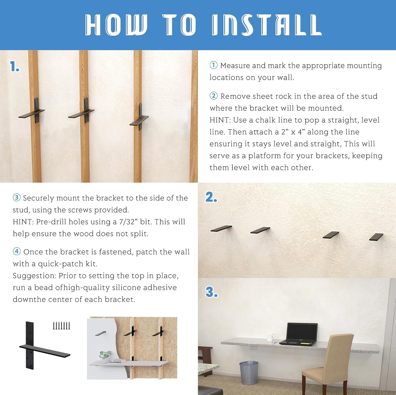 Floating Shelf Bracket 3/8" Thick Heavy Duty Shelf Brackets 4 Pack Free Hanging Countertop Support Bracket 8" Lx2.5 W Floating Wall Brackets for Cabinets, Granite, Dishwasher, Bench Seats Vanities