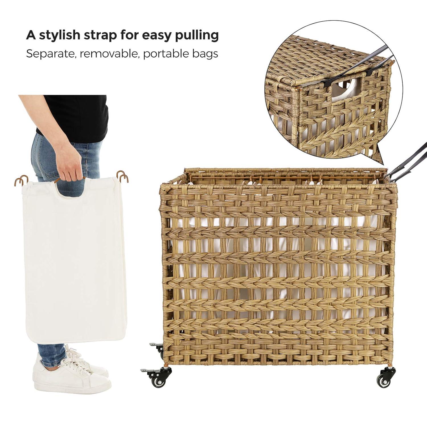 HeiStang Laundry Hamper with Lid, 140L Synthetic Rattan Laundry Basket with Wheels, Clothes Hamper with 3 Removable Liner Bags, 3-Section Hampers with Handles, Laundry Room, Natural ULCB083N01