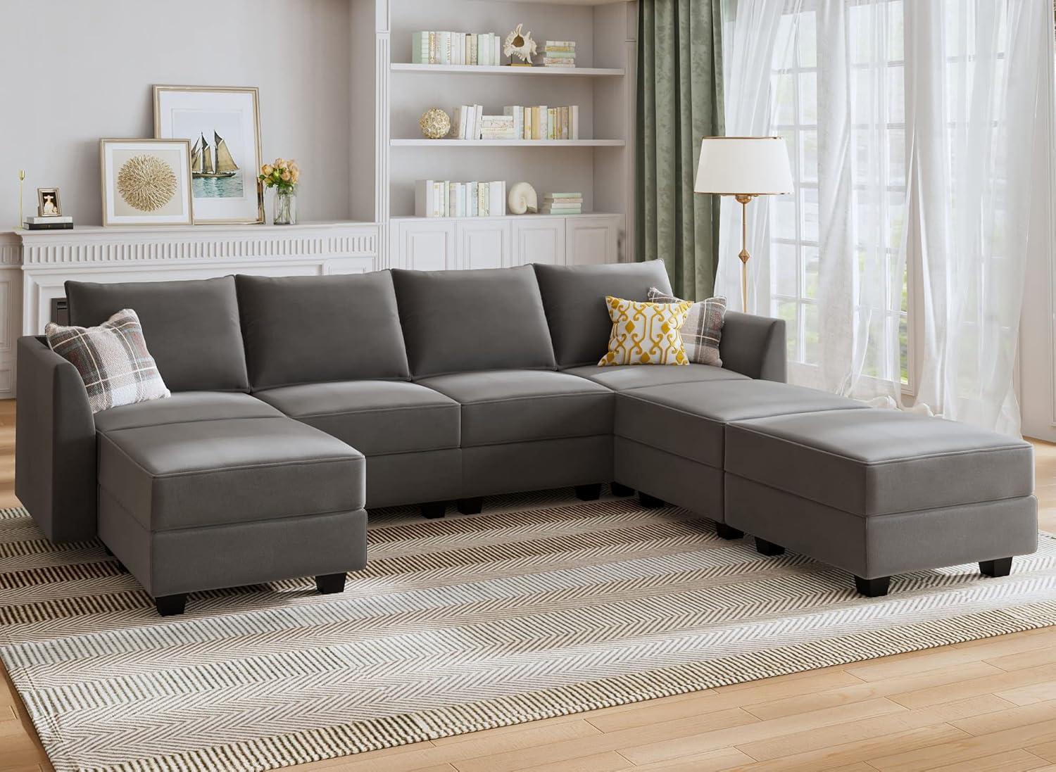 HONBAY Modern Velvet Sectional Sofa Couch with Reversible Chaise and Storage Ottomans for Living Room, Grey