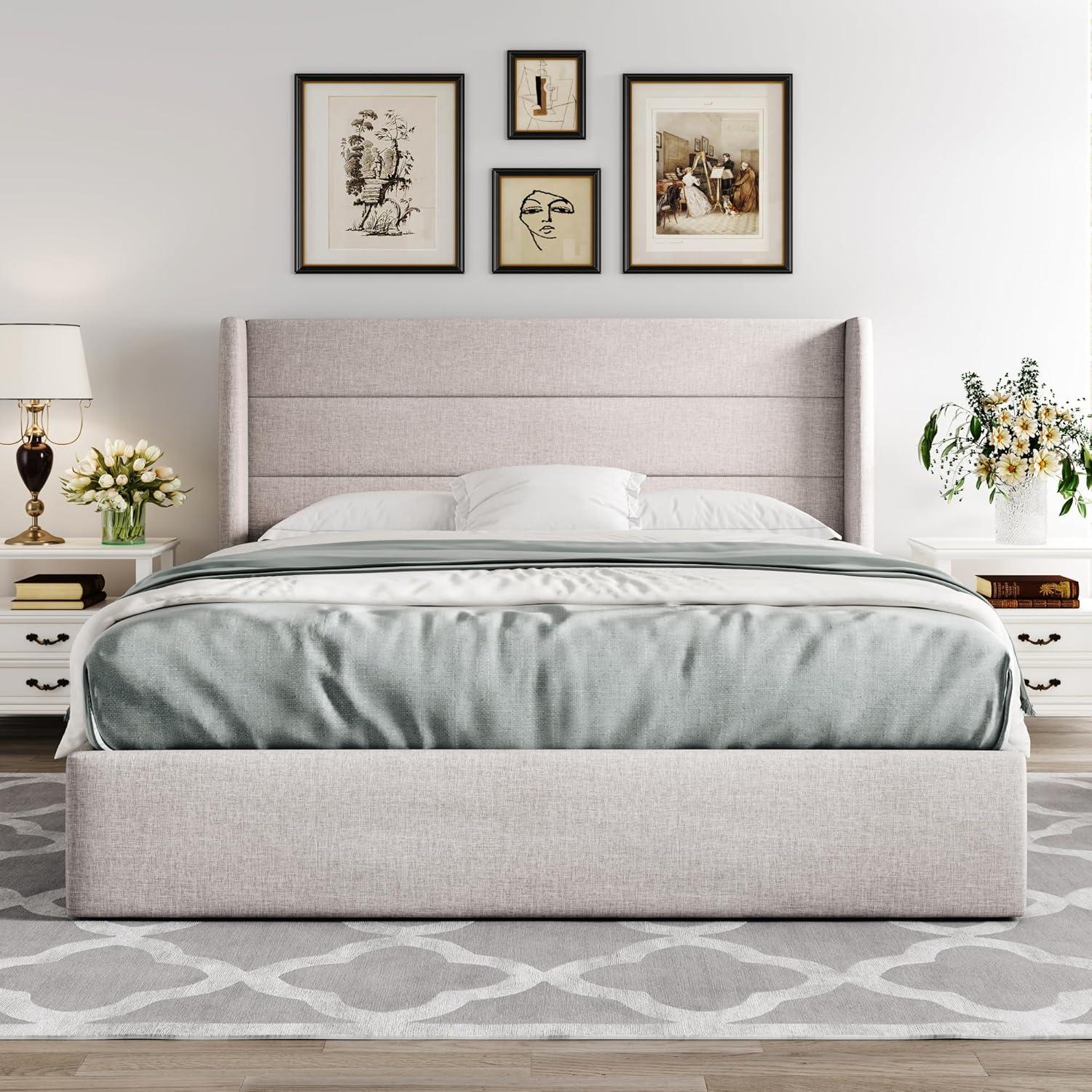 Queen Light Beige Upholstered Lift Up Storage Bed with Wingback Headboard