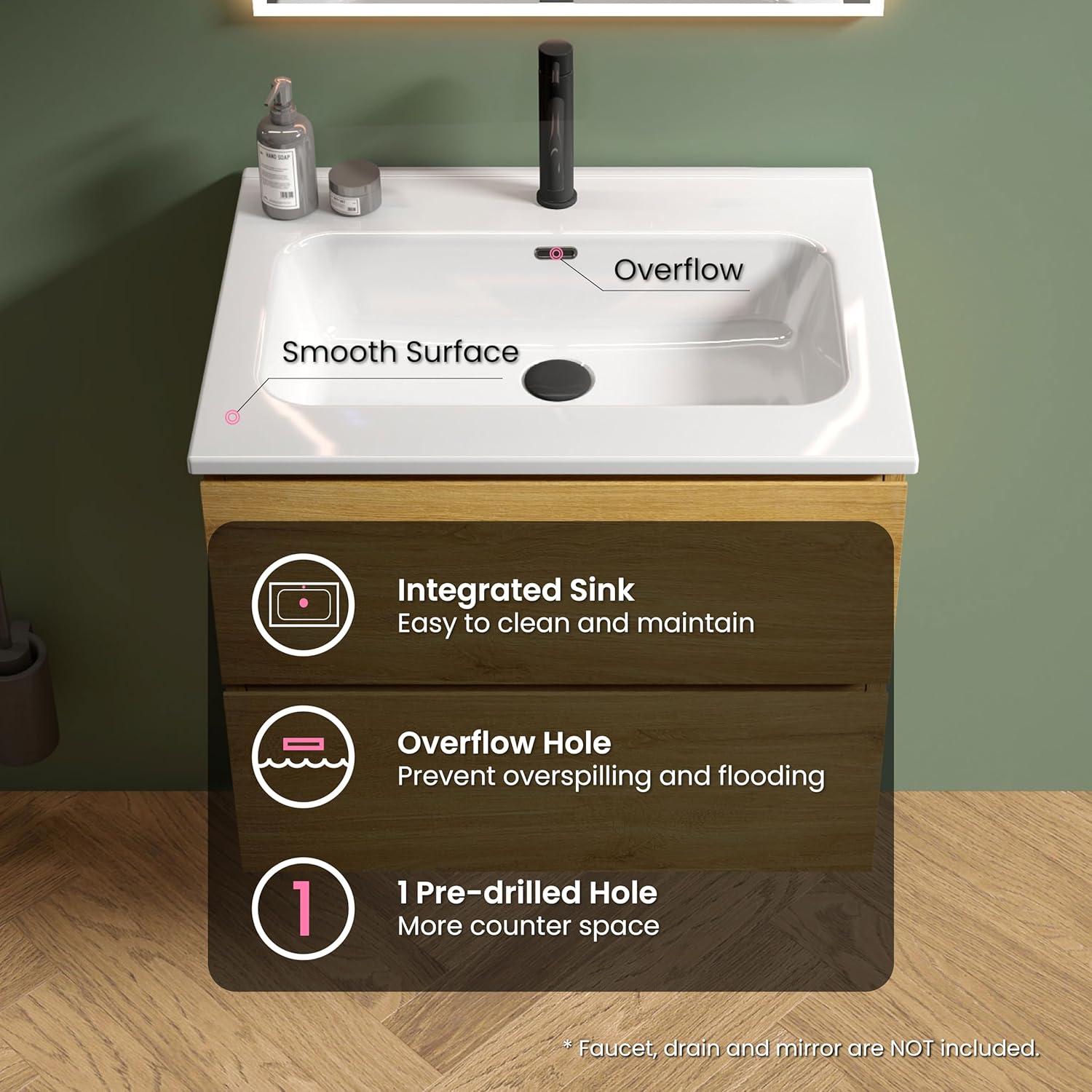 Little Tulip 24" Floating Bathroom Vanity with Ceramic Sink, Contemporary Bathroom Cabinet with 2 Drawers, Natural Oak