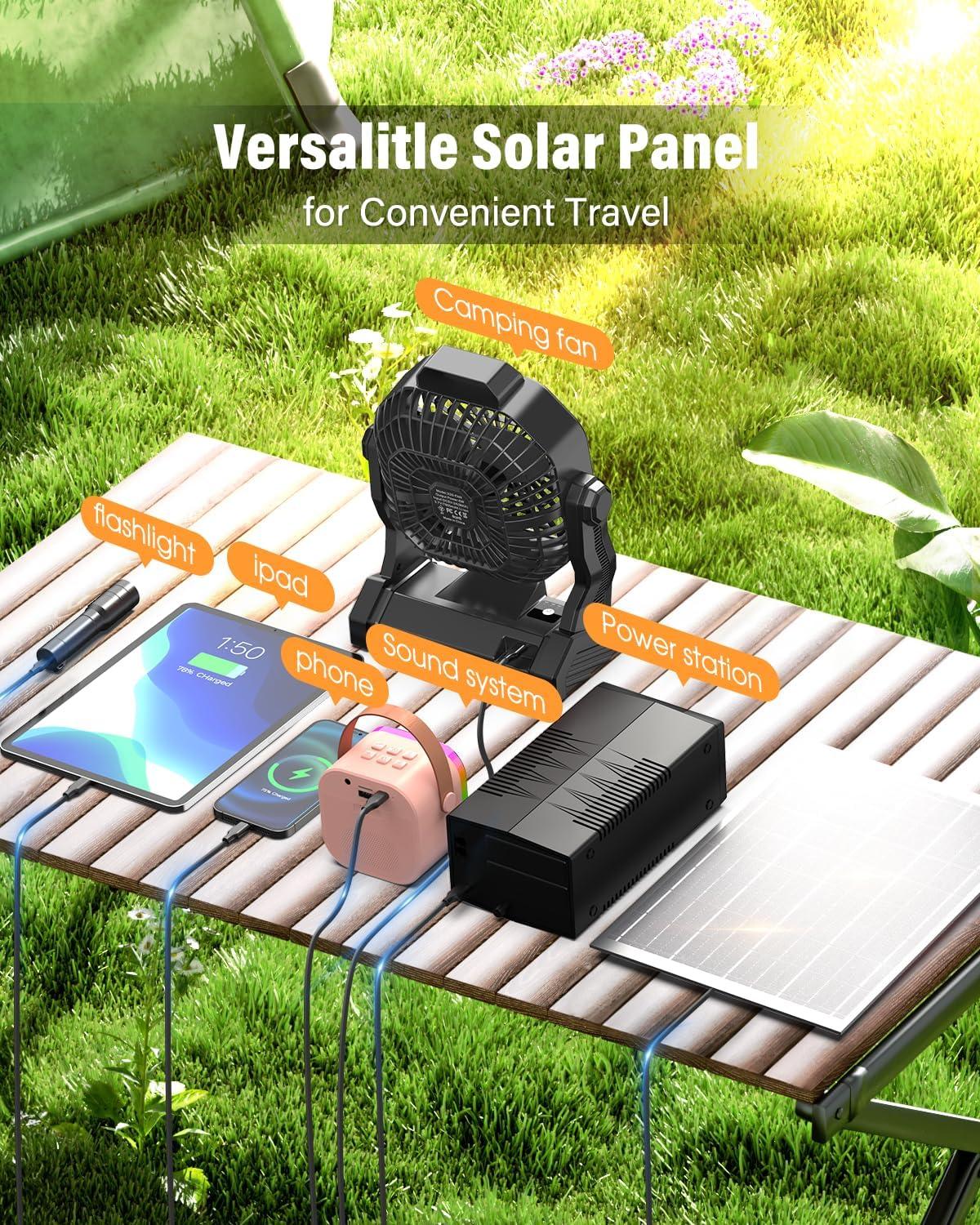 Black Portable Solar-Powered Desk Fan with LED Light