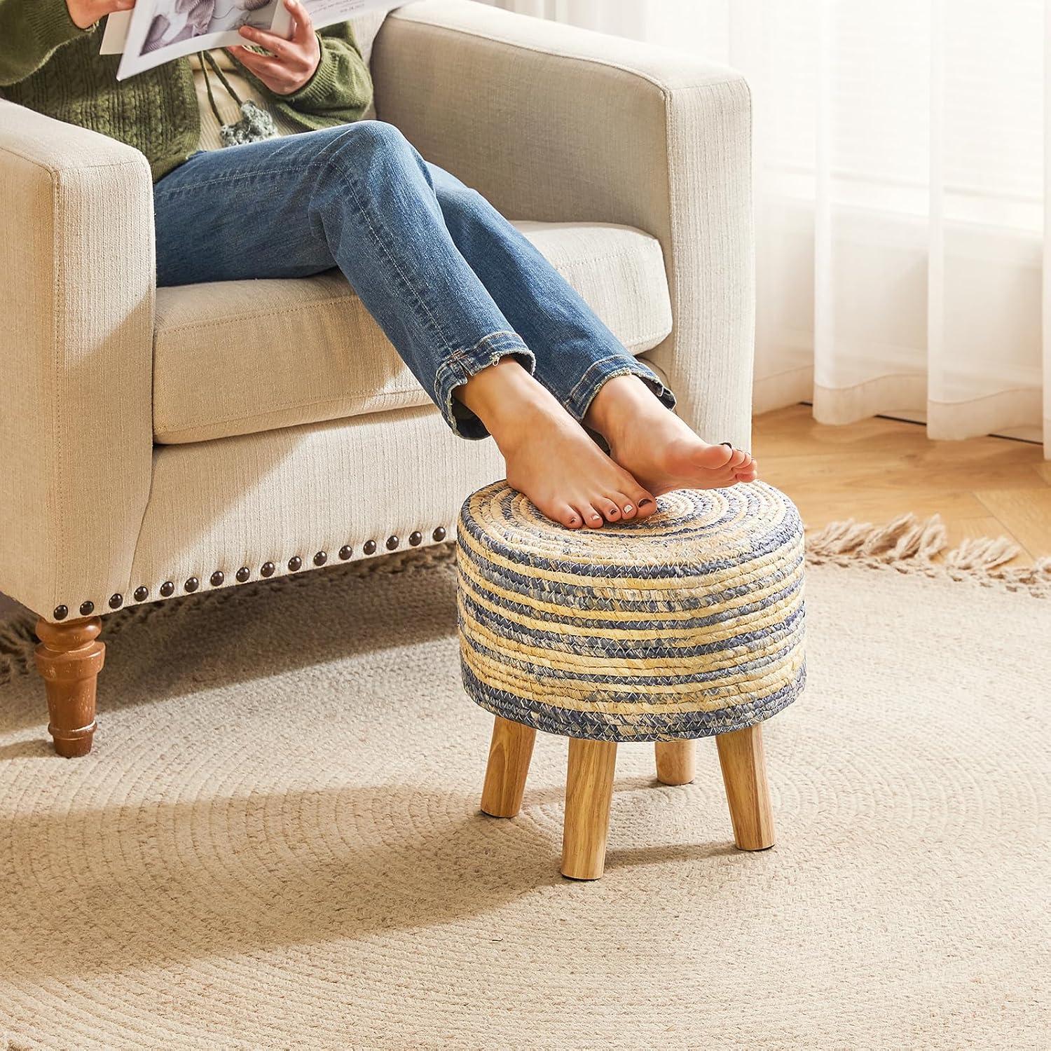 YMYNY Foot Stool Natural Seagrass Hand Weave, 12.6" Small Ottoman, Round Footrest for Living Room, Bedroom, Entryway, Change Shoes Stool, Non-Skid Wood Legs, Boho, Blue+White UHBD027QW