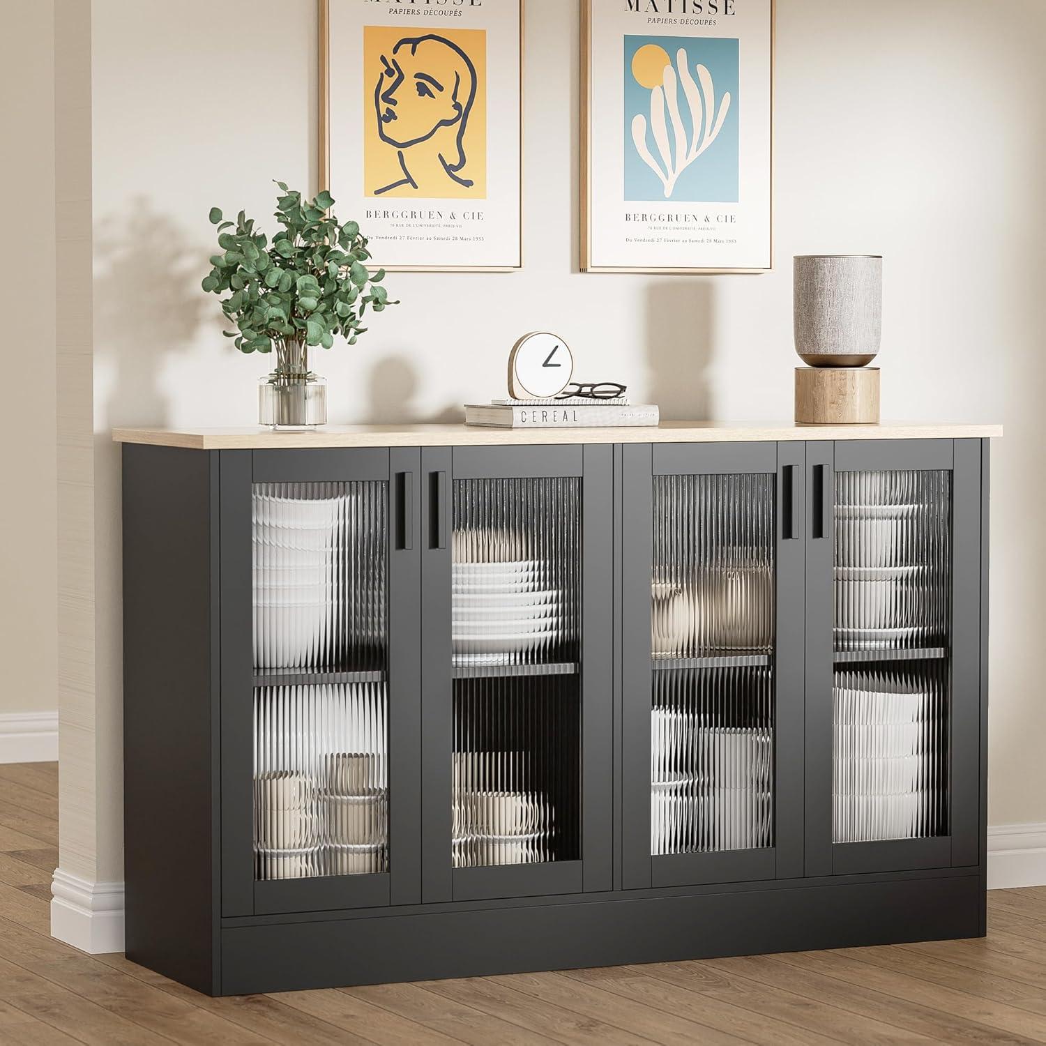 Black Modern Sideboard Buffet with Fluted Glass Doors