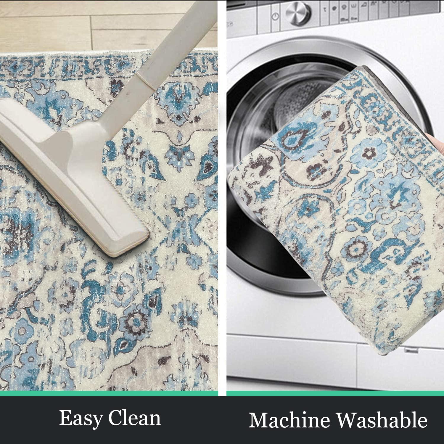 ZACOO 2' x 6' Machine Washable Runner Rug Traditional Area Rugs Carpet Farmhouse Foldable Accent Rug for Hallway Kitchen, Blue
