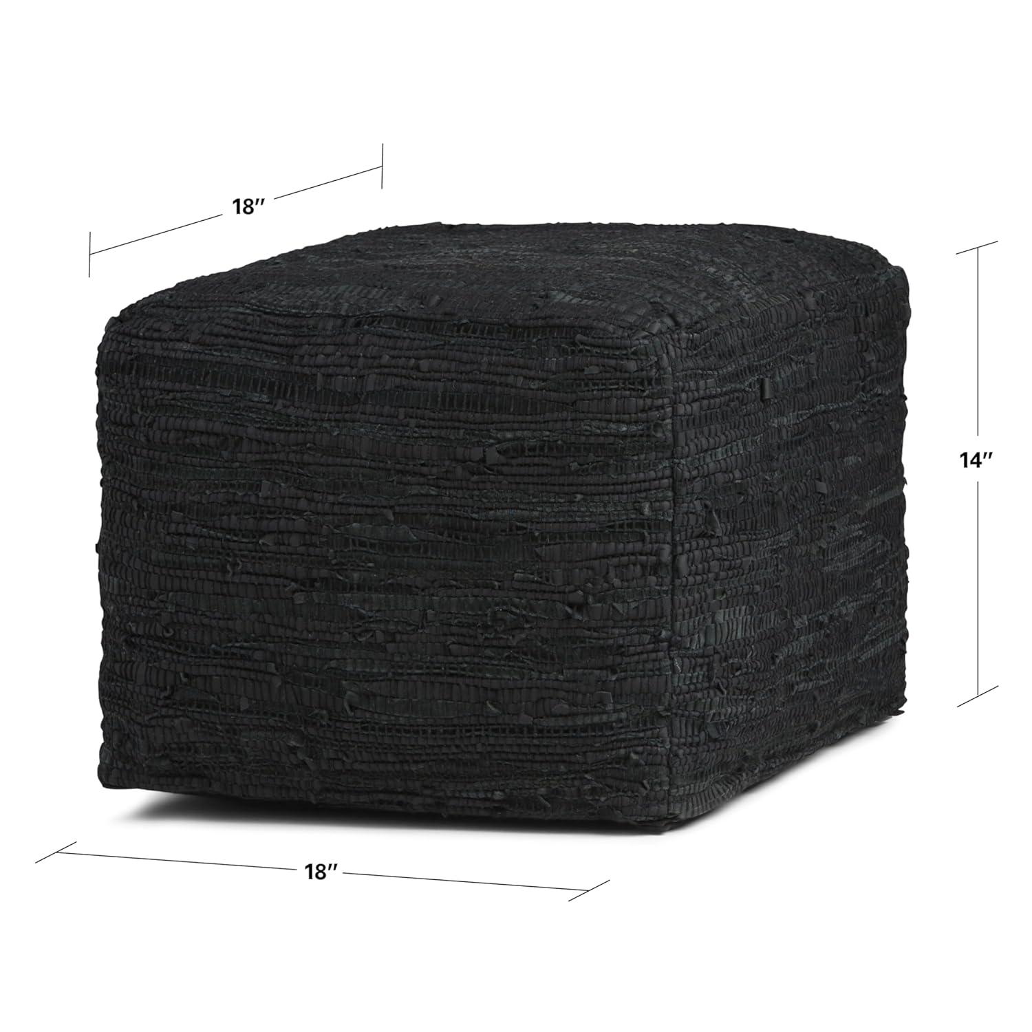 Fredrik Hand-Braided Black Leather Square Pouf Ottoman