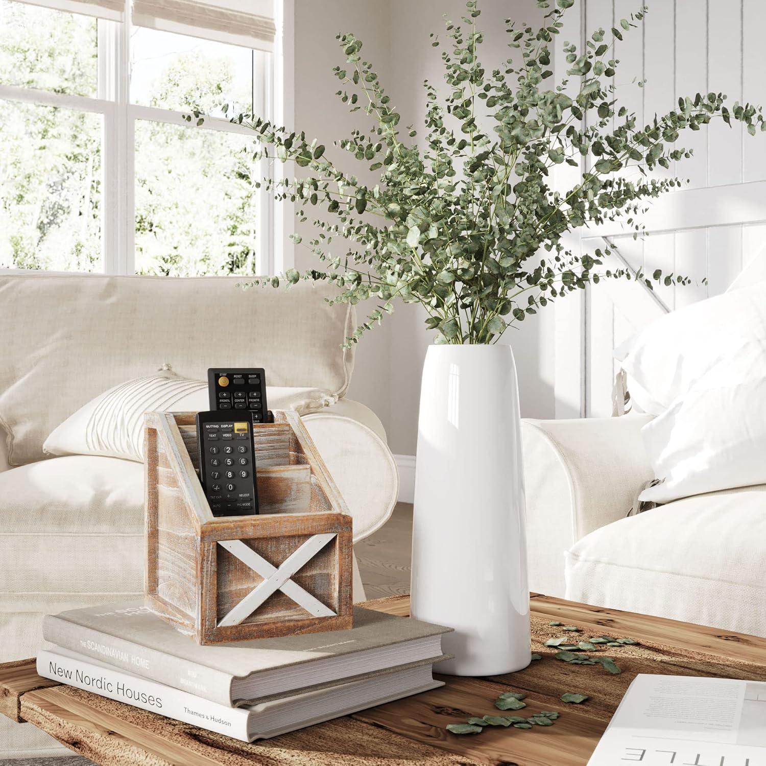 Barnyard Designs Rustic Vintage Wooden Desk Organizer Remotes Caddy Tabletop Desktop Office Supplies Desk Accessories Holder, 6.75" x 6.5” (White/Brown)