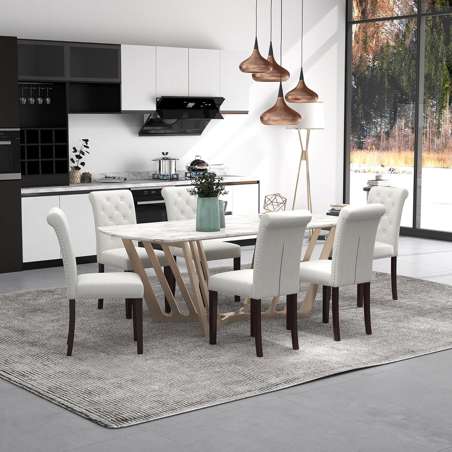 Westice Dining Room Chairs Set of 6 Upholstered PU Leather Kitchen Chairs Dining Room Side Chair with Nailhead Trim and Rubber Wood Legs for Small Space Apartment, Brown