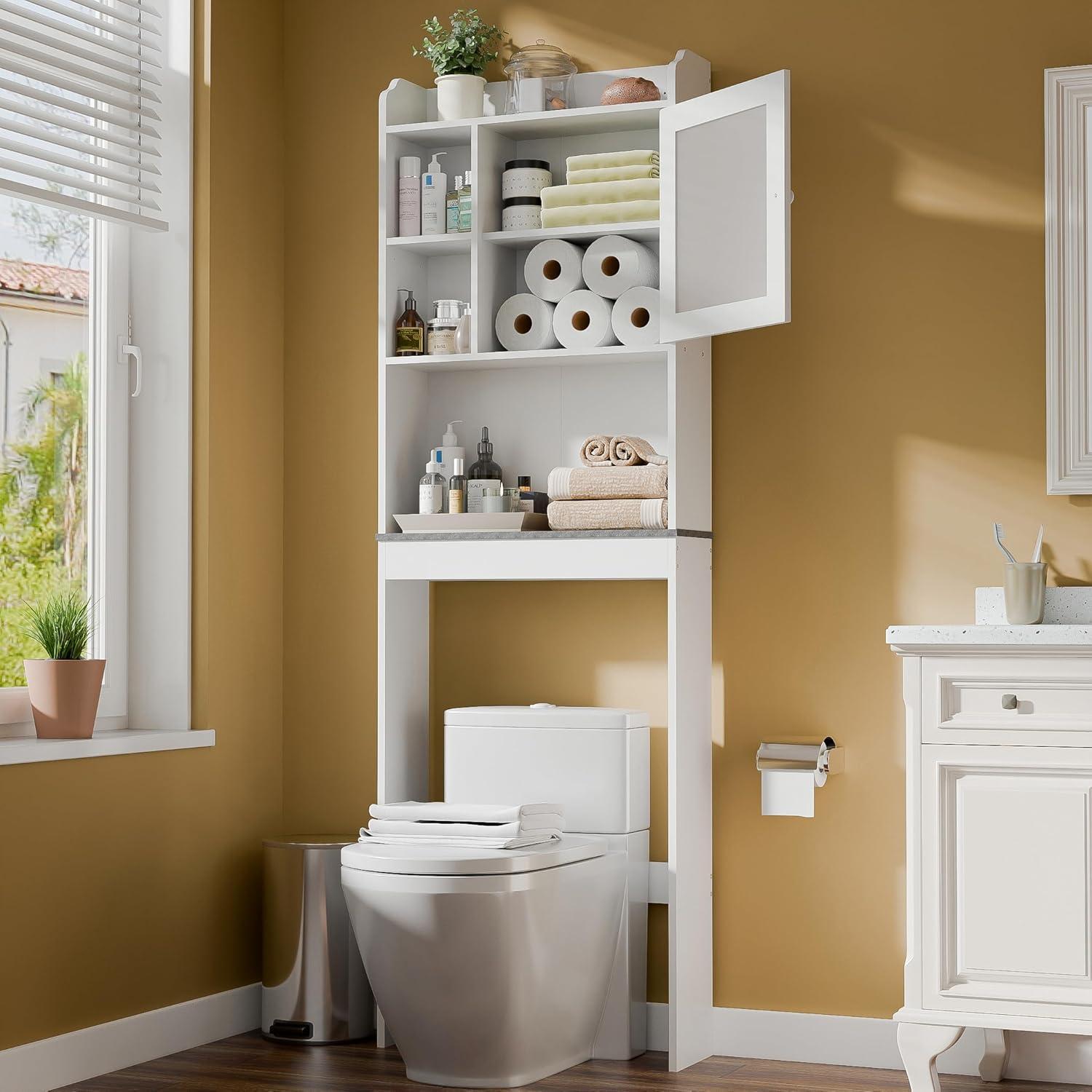 Aiho 66.1" over the Toilet Storage Cabinet with Adjustable Shelf and Open Storage Shelf, Freestanding - White