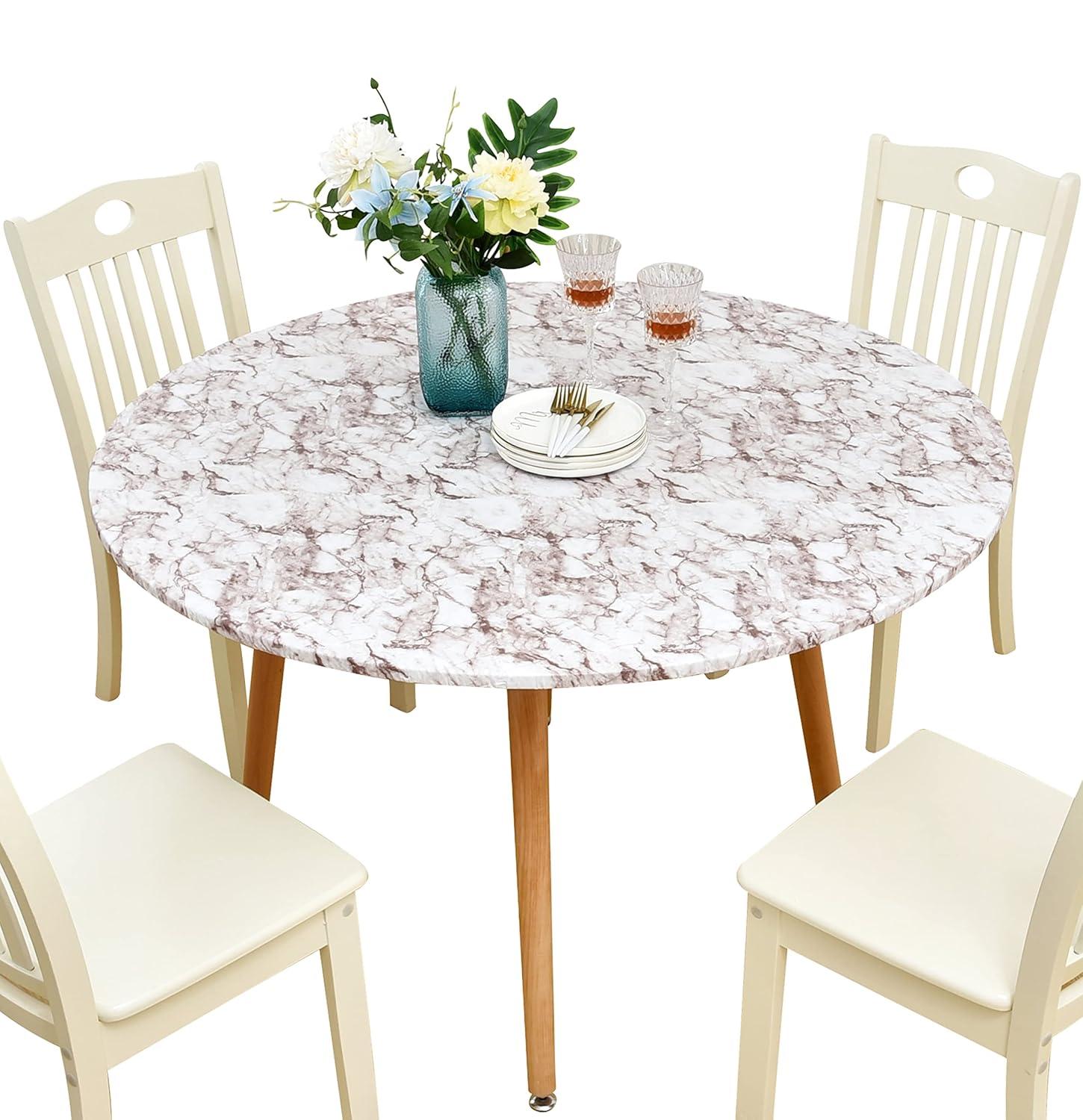 Rally Home Goods Indoor Outdoor Patio Round Fitted Vinyl Tablecloth, Flannel Backing, Elastic Edge, Waterproof Wipeable Plastic Cover, Beige Marble Pattern for 5-Seat Table of 36-42’’ Diameter